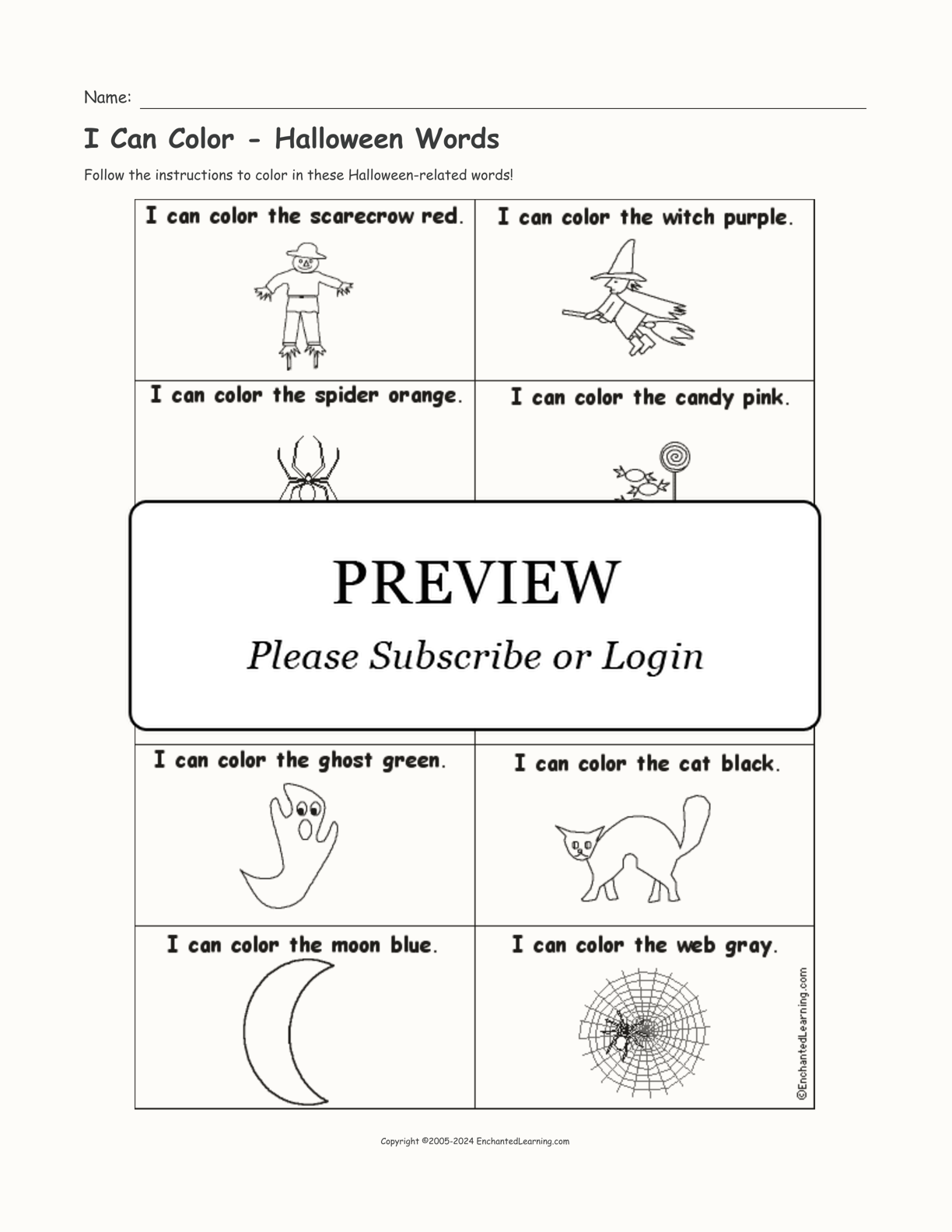 I Can Color - Halloween Words interactive printout page 1