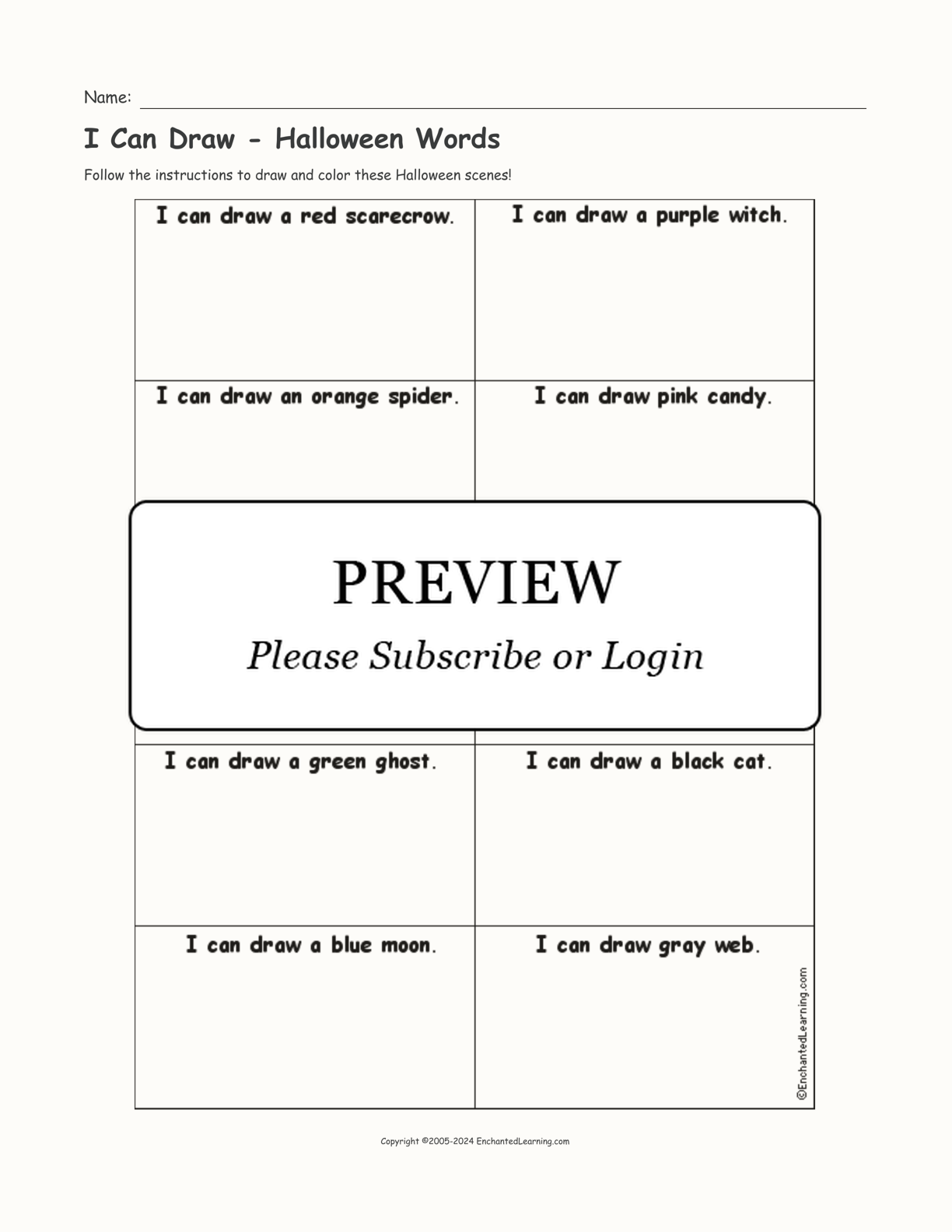 I Can Draw - Halloween Words interactive printout page 1