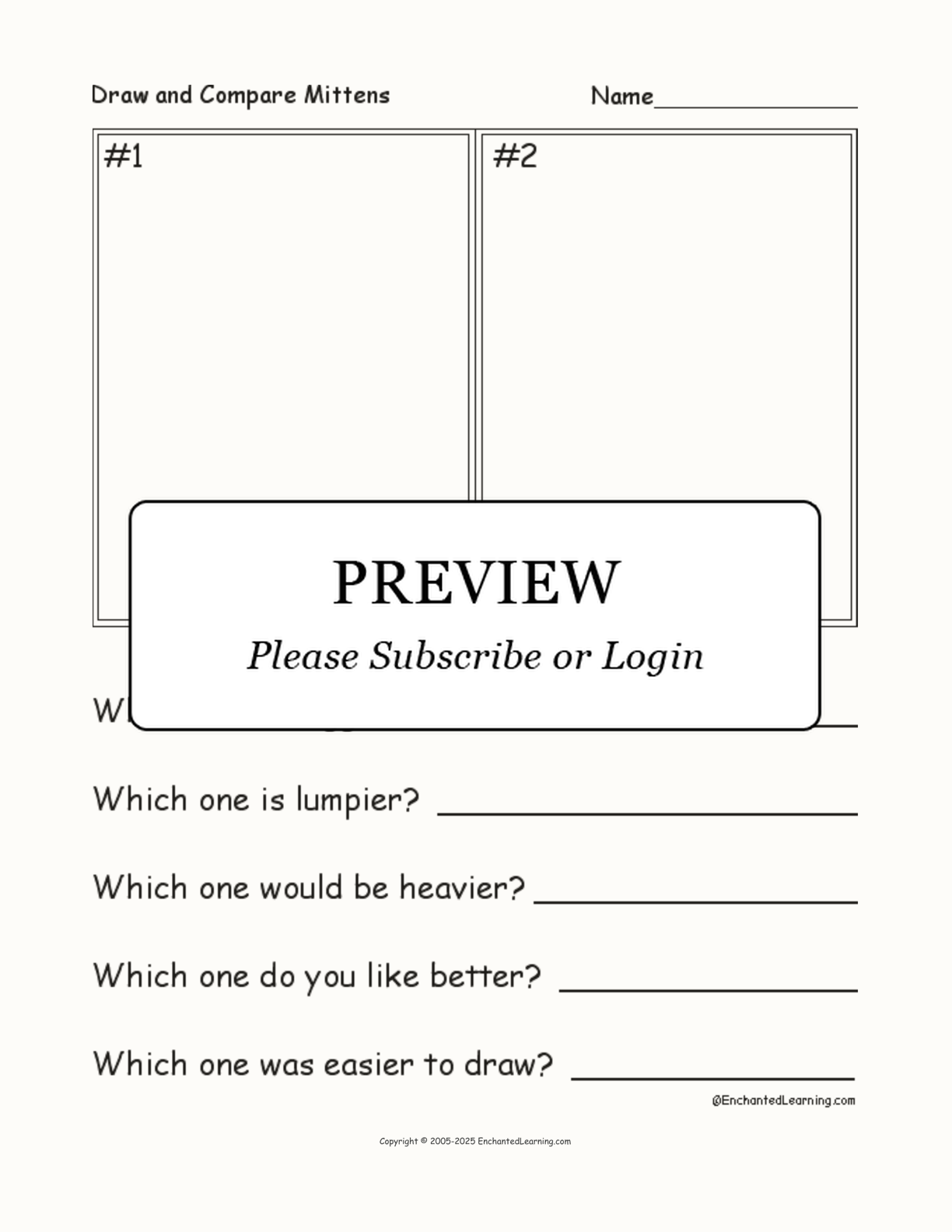 Draw and Compare Two Mittens interactive printout page 1