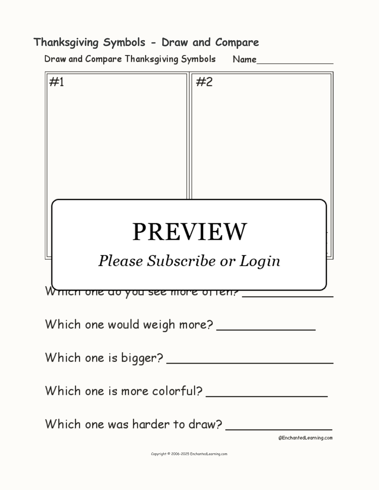 Thanksgiving Symbols - Draw and Compare interactive printout page 1