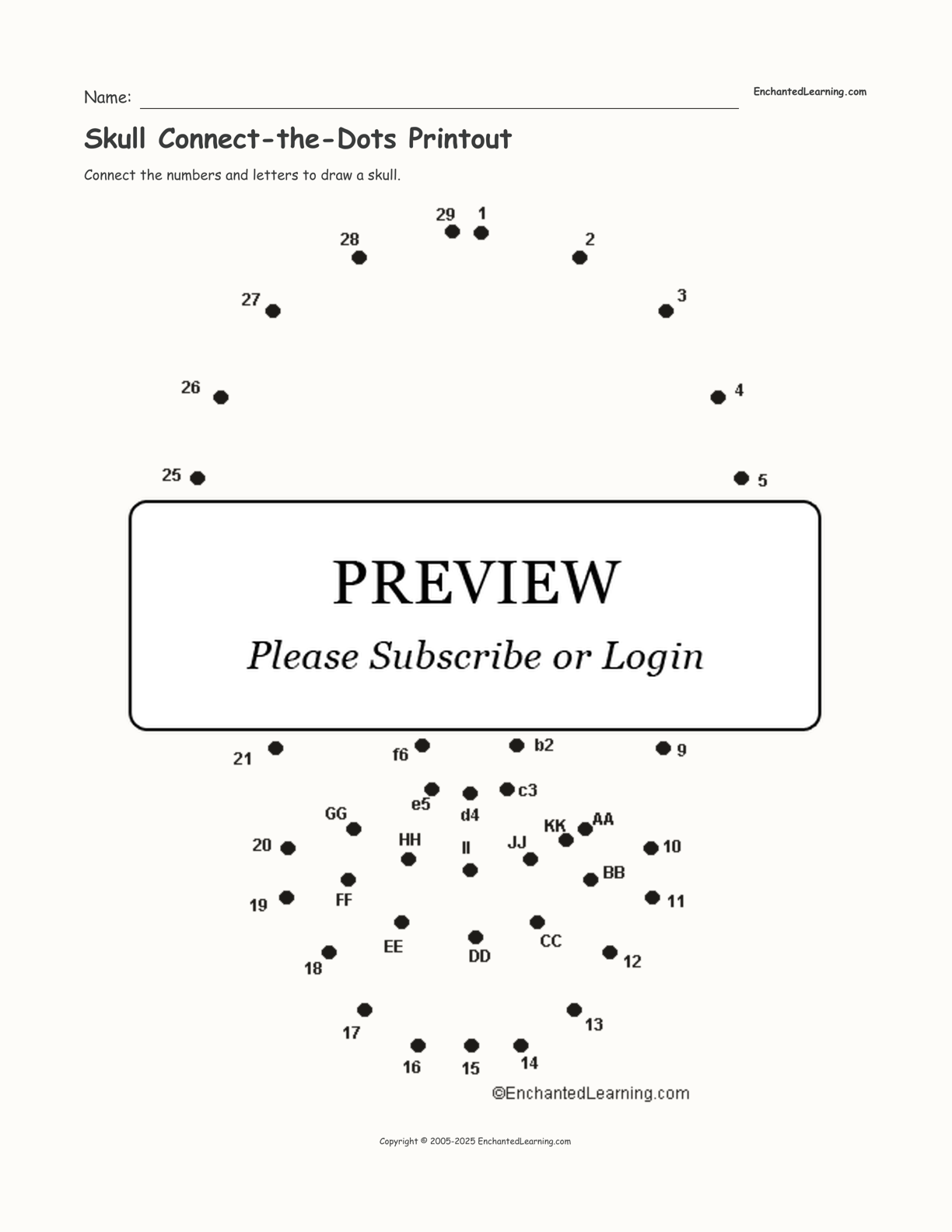 Skull Connect-the-Dots Printout interactive worksheet page 1