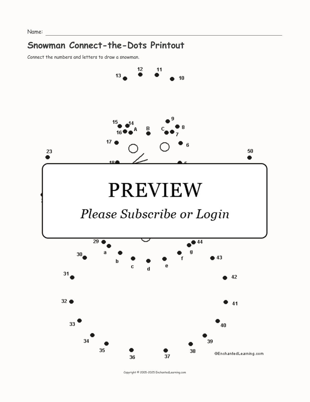 Snowman Connect-the-Dots Printout interactive worksheet page 1