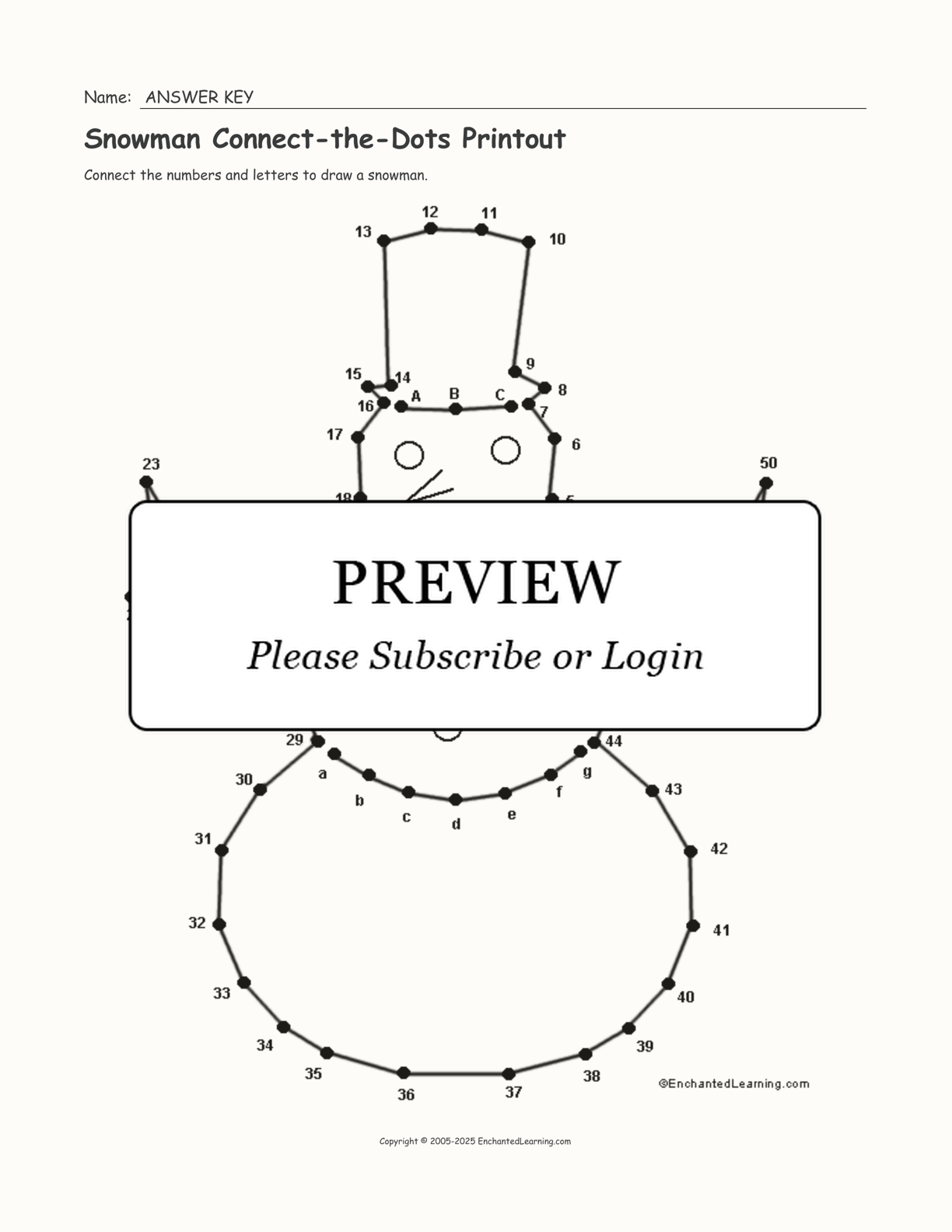 Snowman Connect-the-Dots Printout interactive worksheet page 2