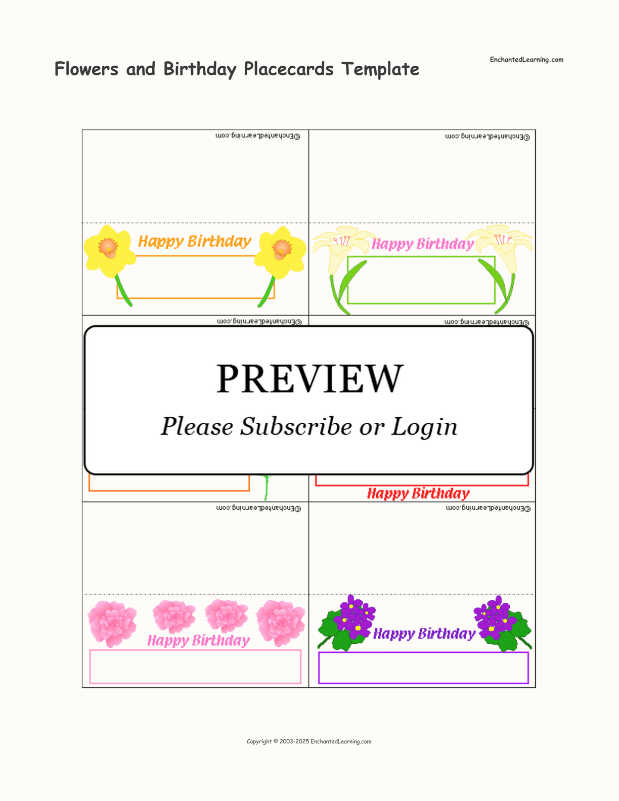 Flowers and Birthday Placecards Template interactive printout page 1