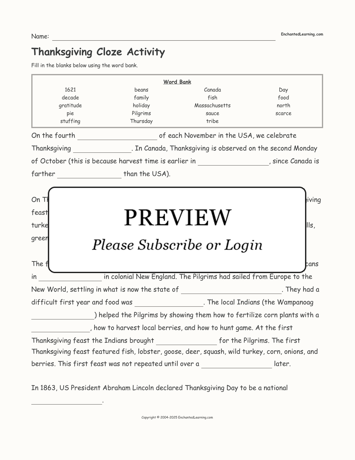 Thanksgiving Cloze Activity Enchanted Learning