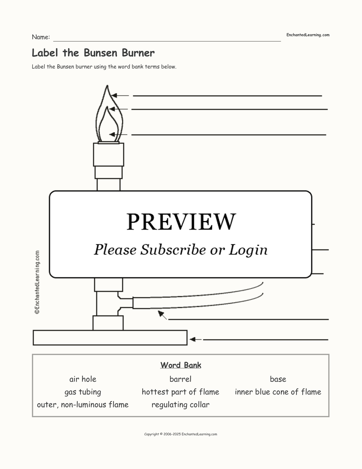 Label the Bunsen Burner interactive worksheet page 1