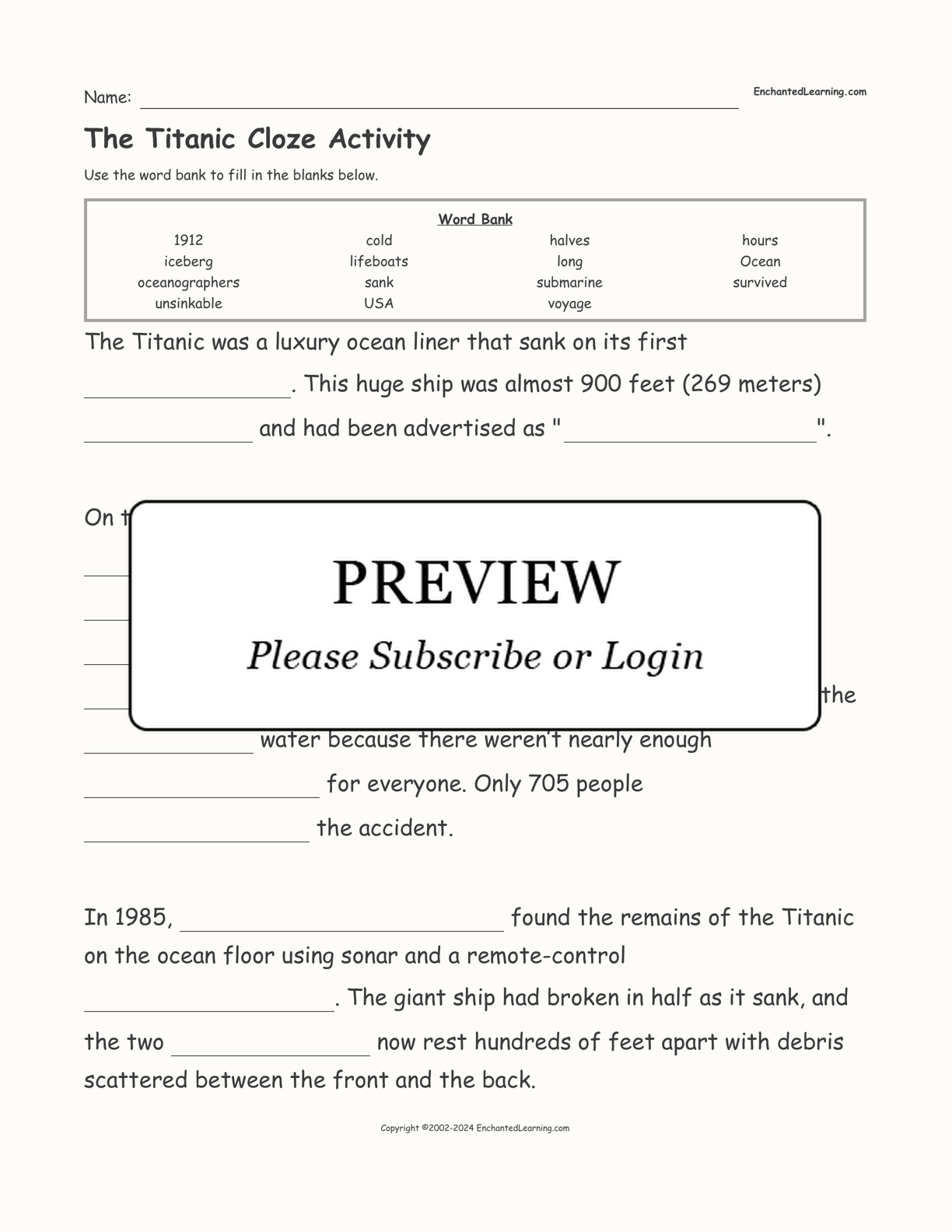 The Titanic Cloze Activity interactive worksheet page 1