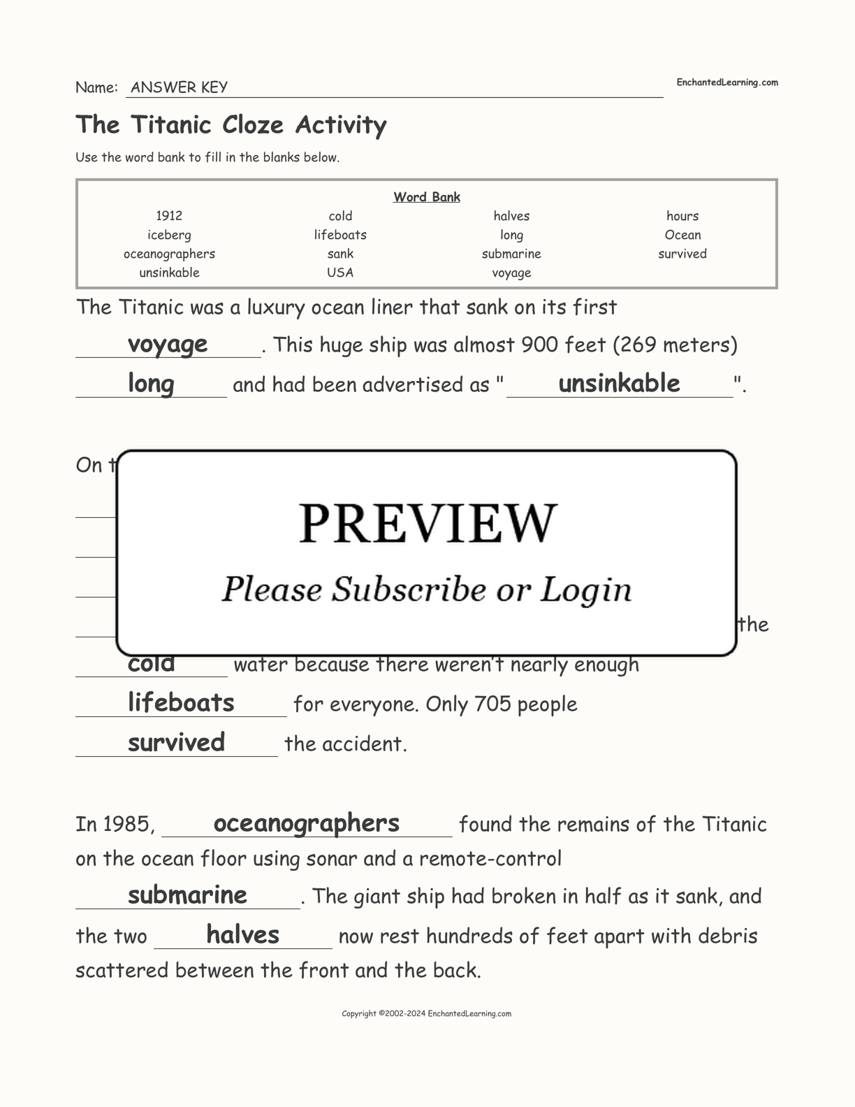 The Titanic Cloze Activity interactive worksheet page 2