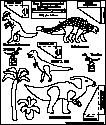 Template printout for small T. rex, Troödon, Ankylosaurus, Pachycephalosaurs, Parasaurolophus, and plants.