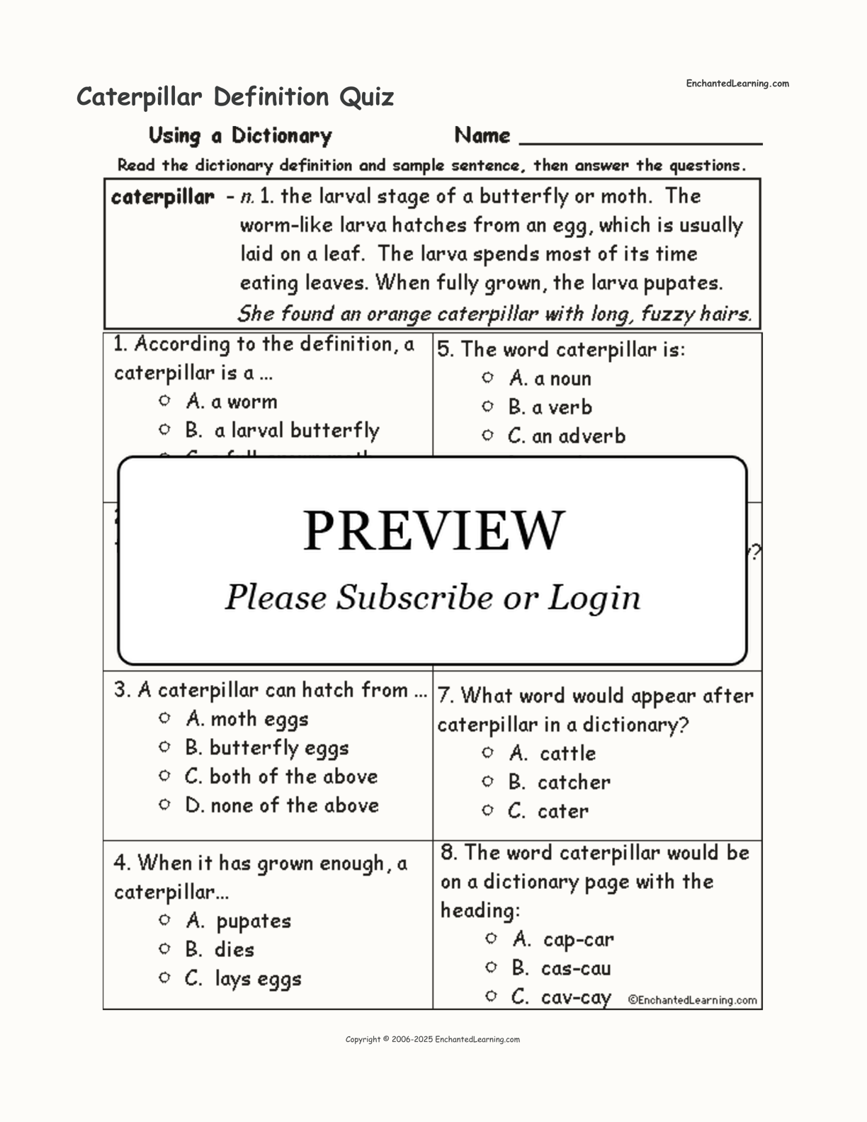 Caterpillar Definition Quiz interactive worksheet page 1