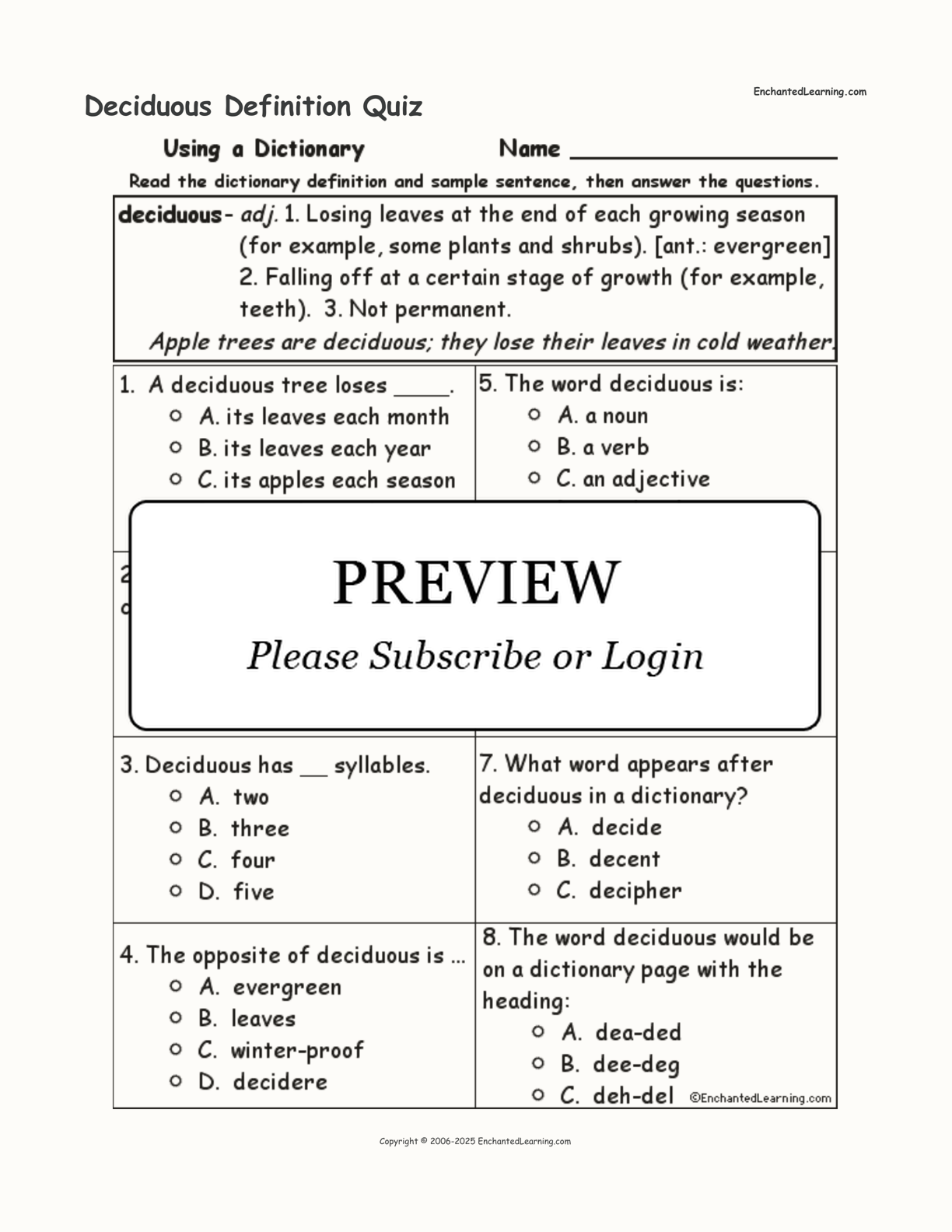 Deciduous Definition Quiz interactive worksheet page 1