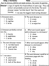 Search result: 'Dinosaur Definition - Multiple choice comprehension quiz'