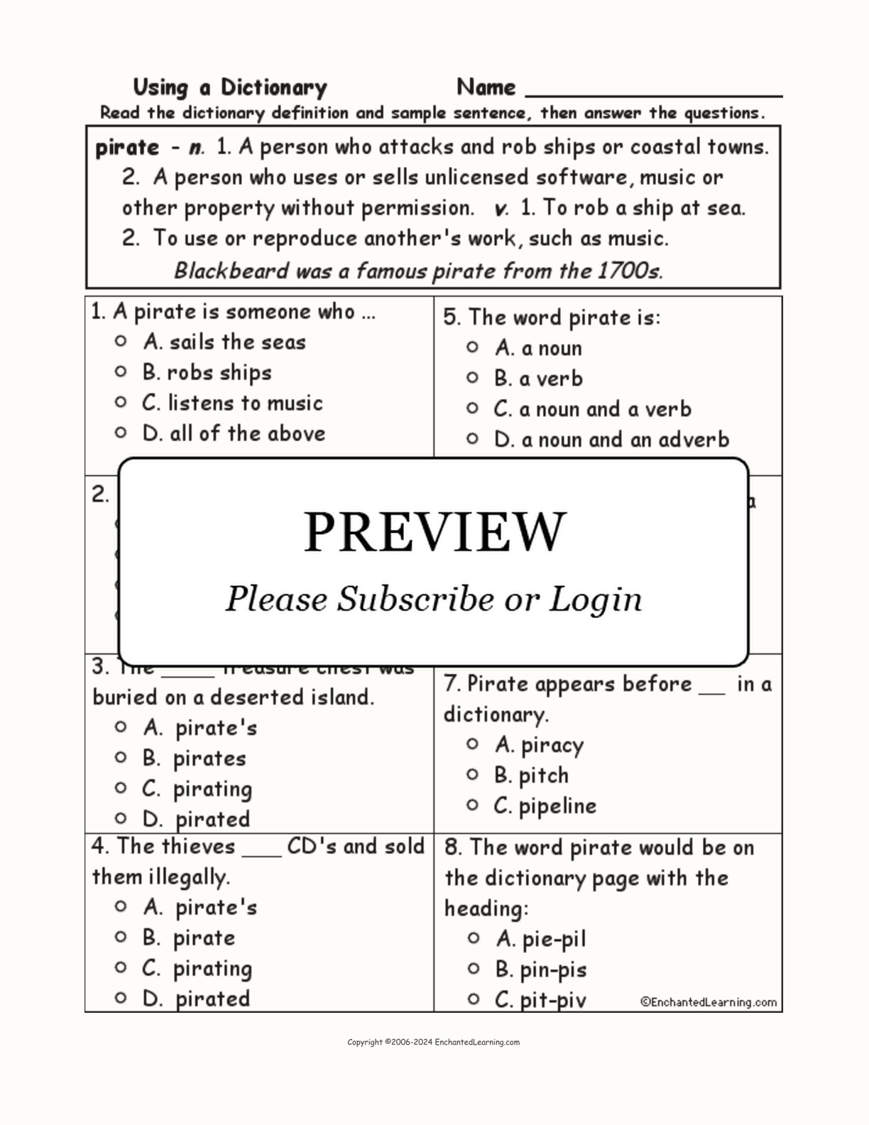 Pirate Definition - Multiple Choice Comprehension Quiz interactive worksheet page 1