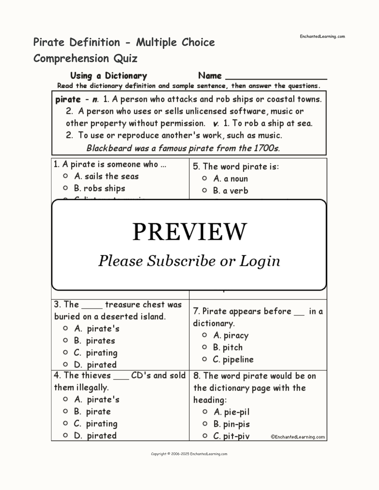 Pirate Definition - Multiple Choice Comprehension Quiz interactive worksheet page 1