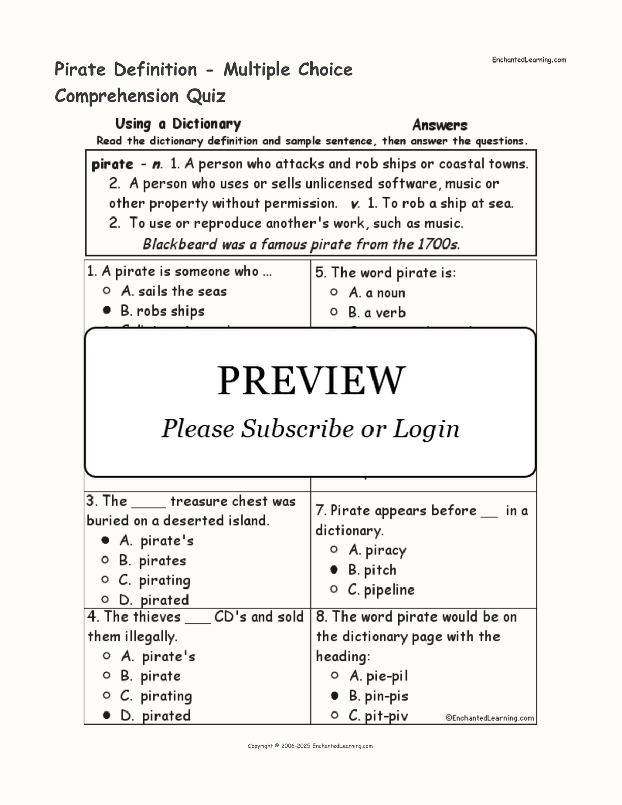 Pirate Definition - Multiple Choice Comprehension Quiz interactive worksheet page 2