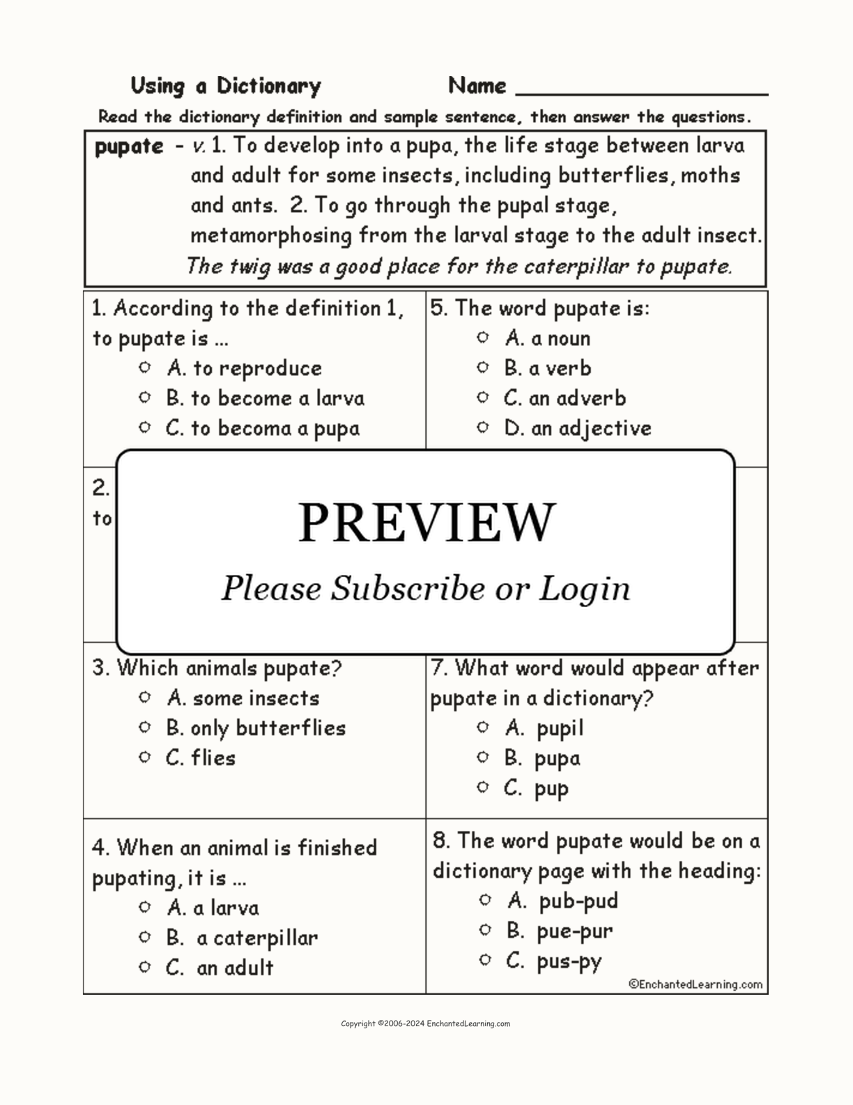 Pupate Definition Quiz interactive worksheet page 1