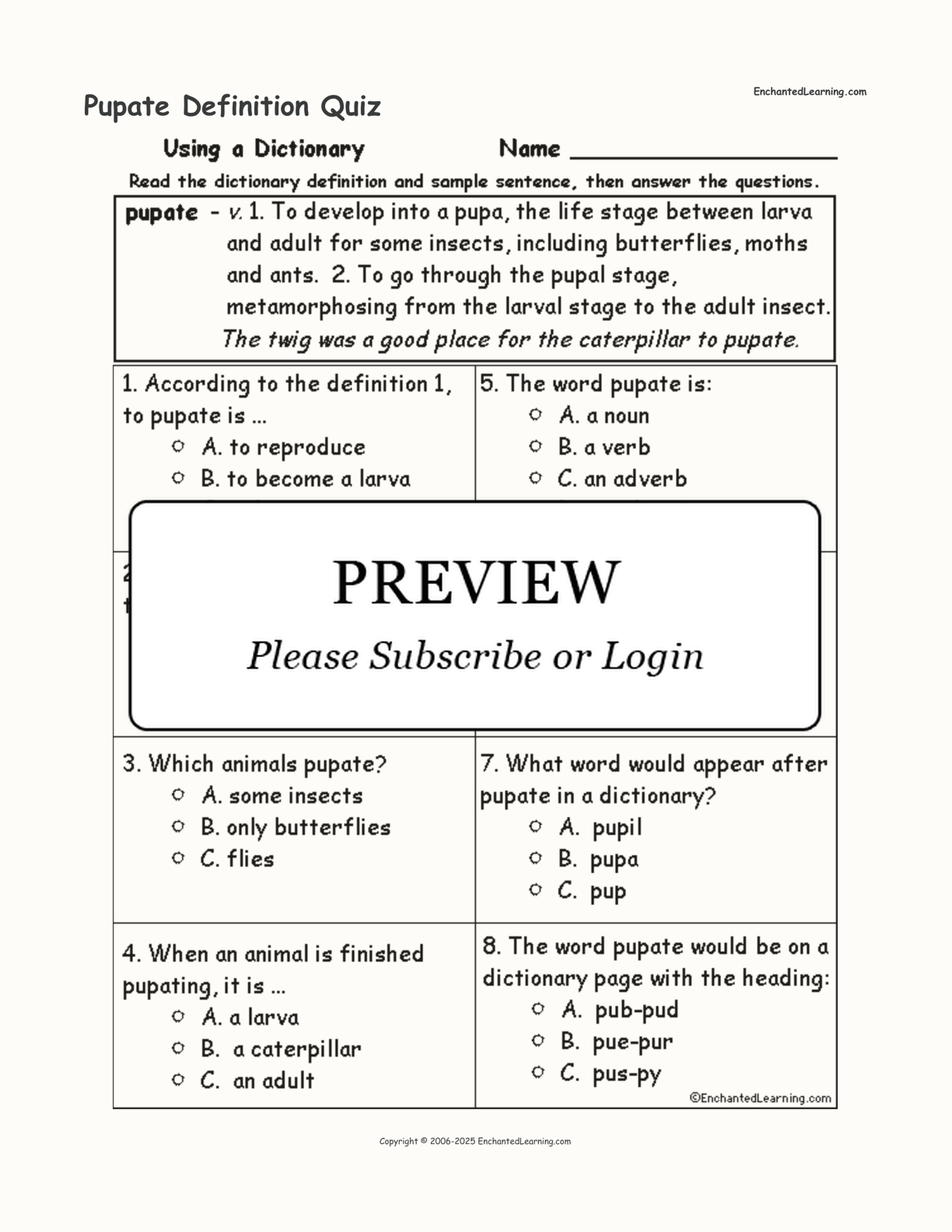 Pupate Definition Quiz interactive worksheet page 1