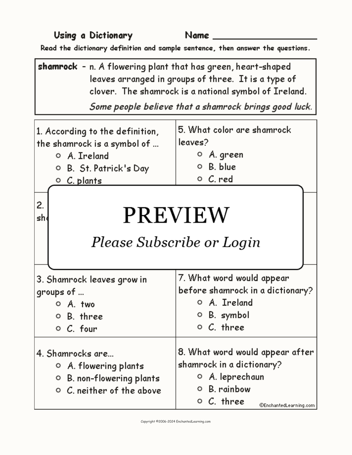 Shamrock Definition Quiz interactive worksheet page 1