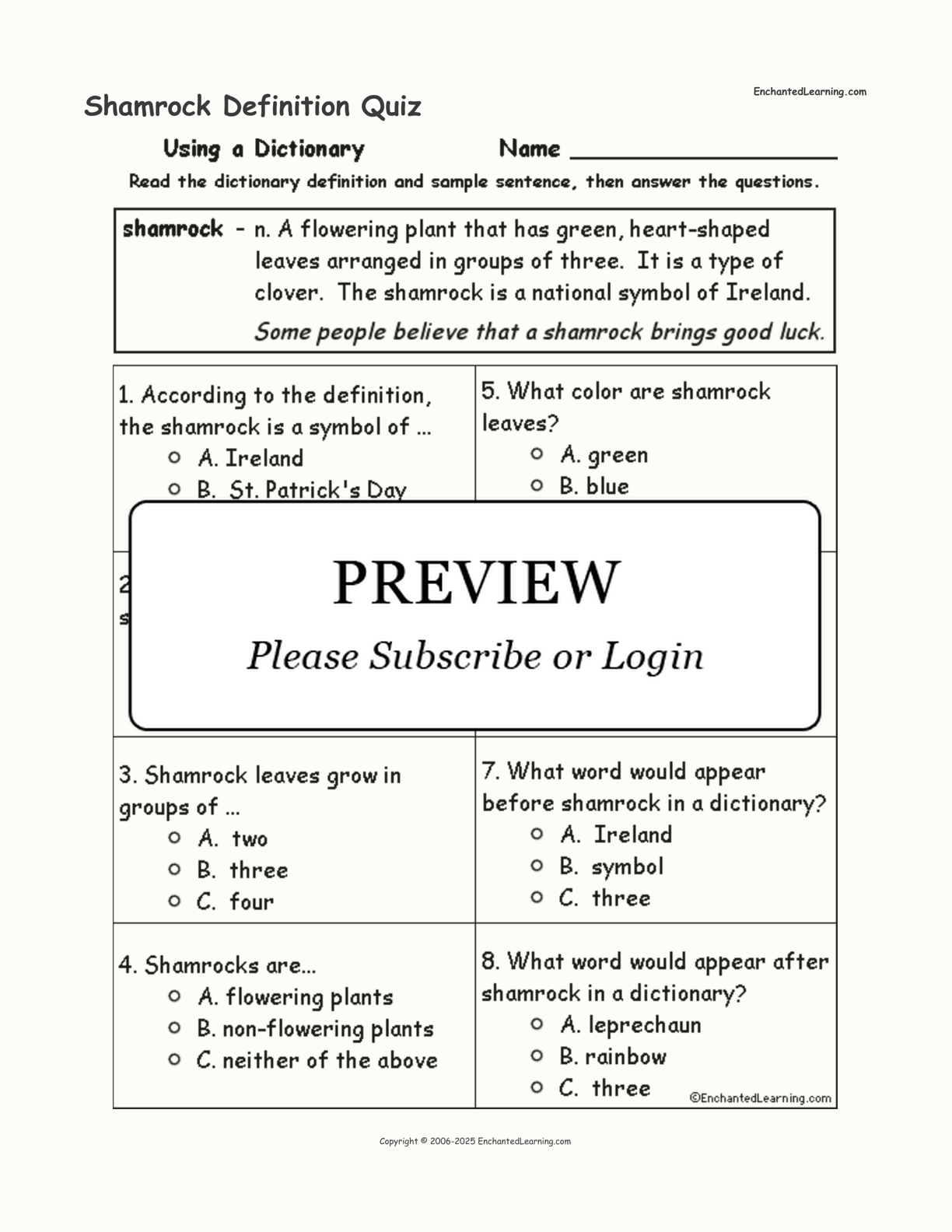 Shamrock Definition Quiz interactive worksheet page 1