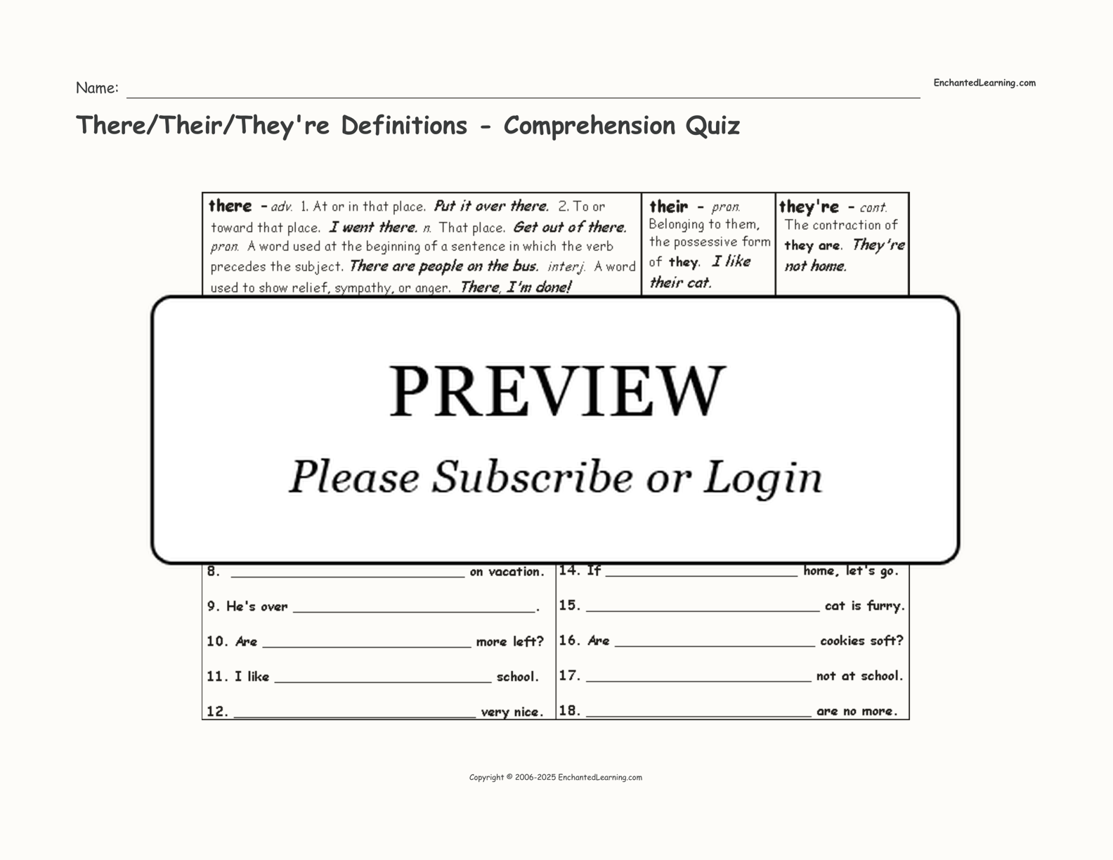 There/Their/They're Definitions - Comprehension Quiz interactive worksheet page 1