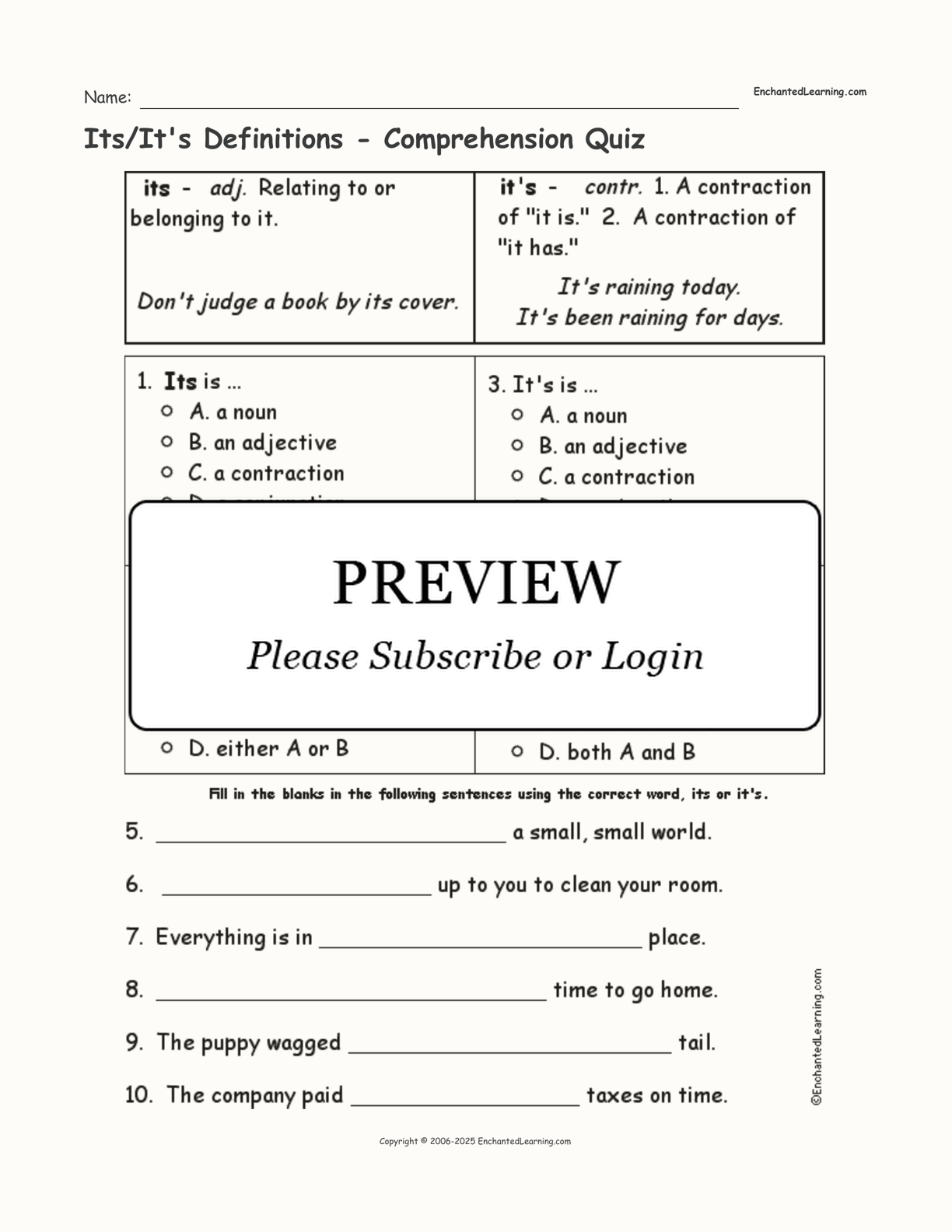 Its/It's Definitions - Comprehension Quiz interactive worksheet page 1