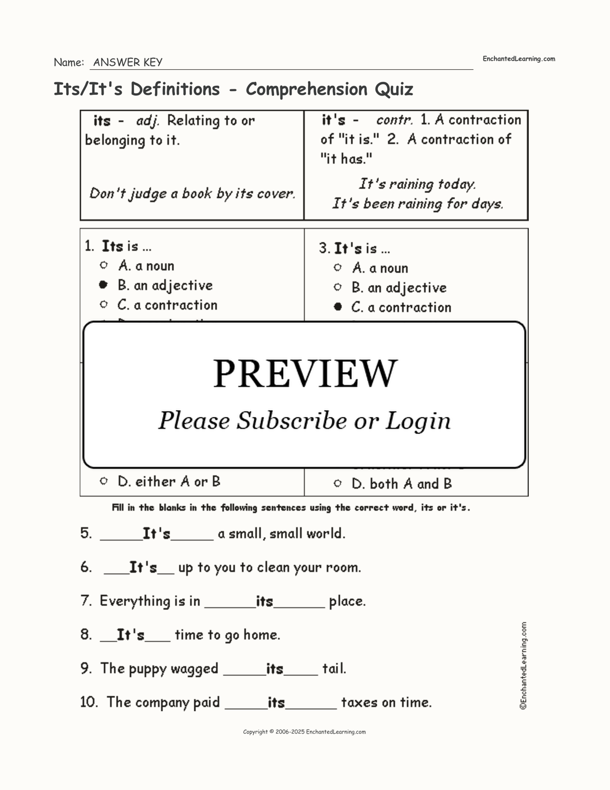 Its/It's Definitions - Comprehension Quiz interactive worksheet page 2