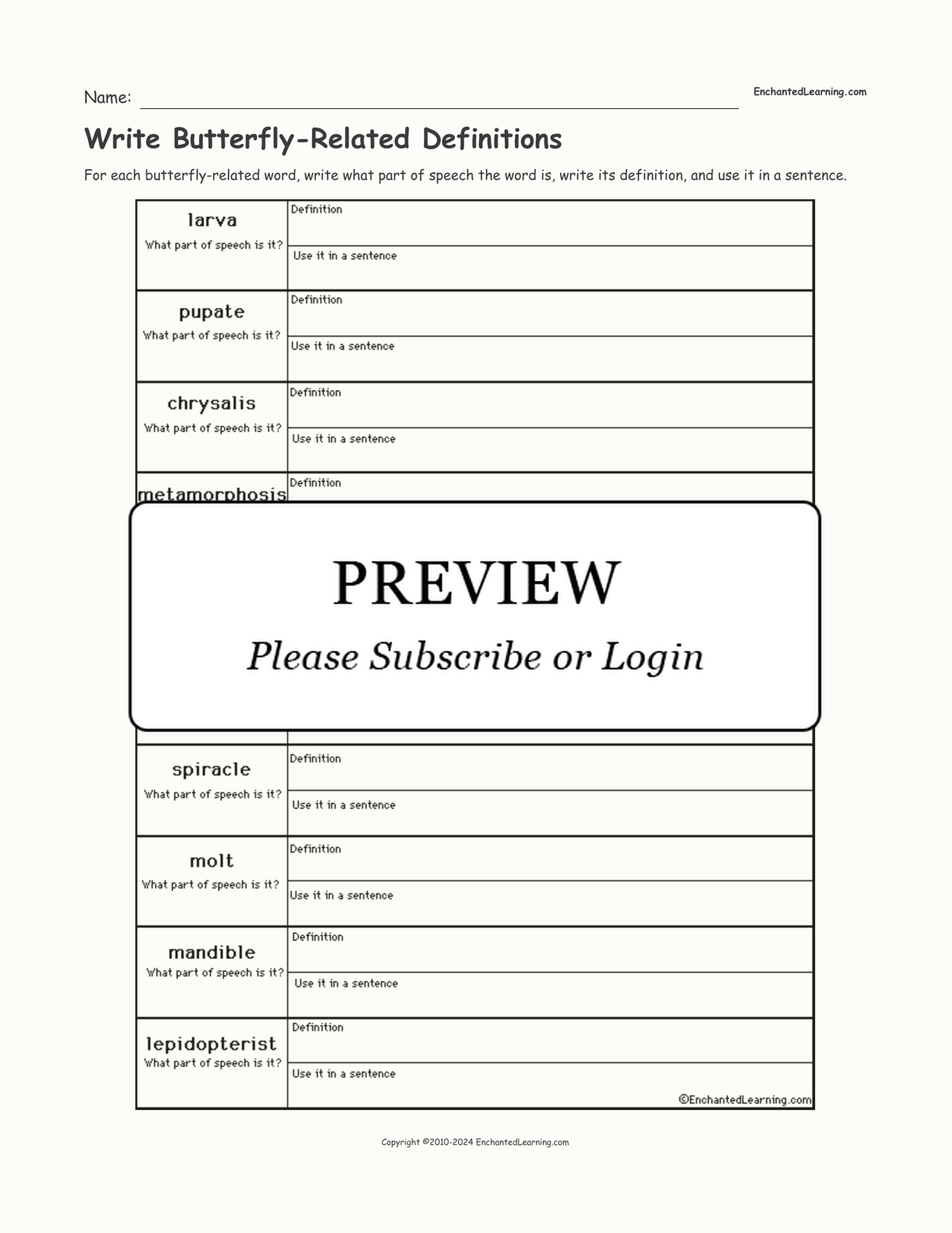 Write Butterfly-Related Definitions interactive worksheet page 1