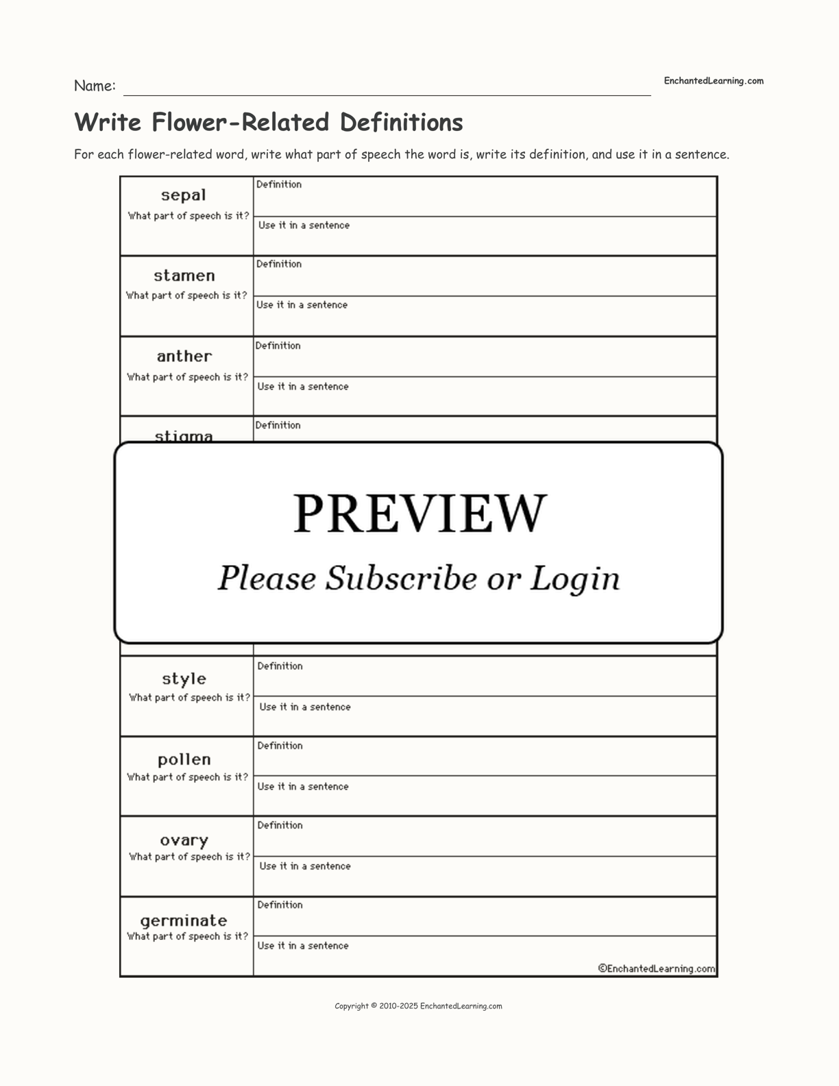 Write Flower-Related Definitions interactive worksheet page 1