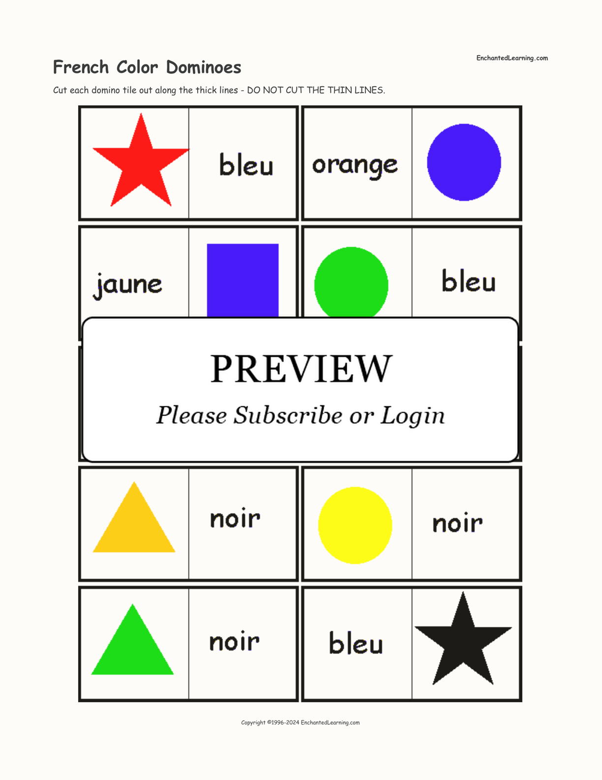 French Color Dominoes interactive printout page 1