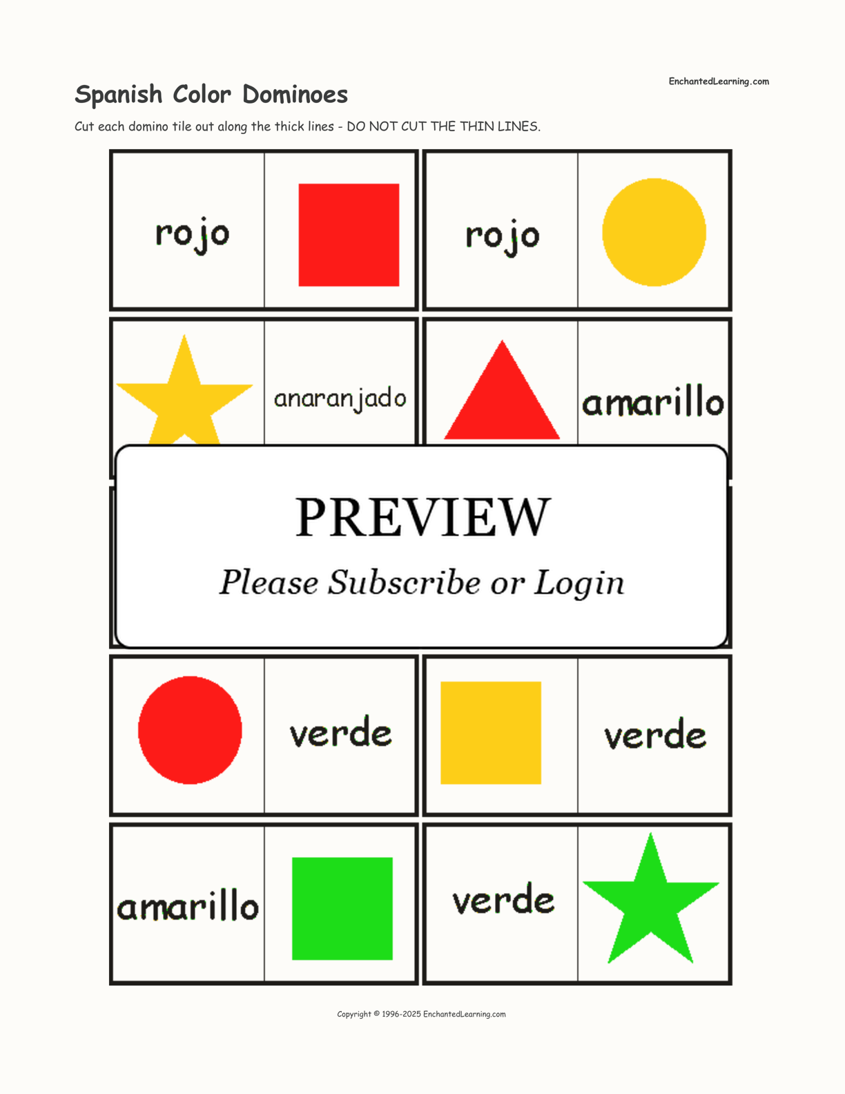 Spanish Color Dominoes interactive printout page 1