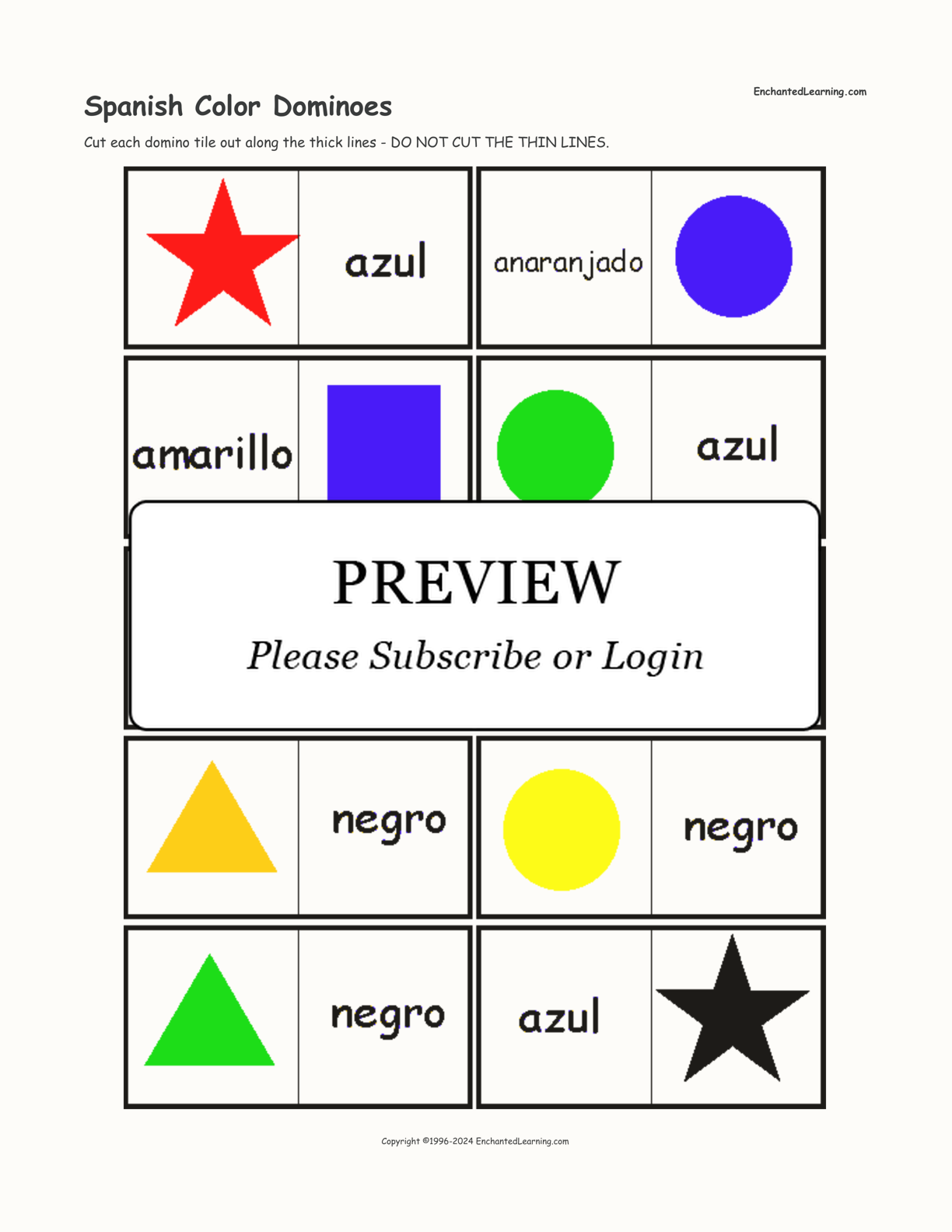 Spanish Color Dominoes interactive printout page 1
