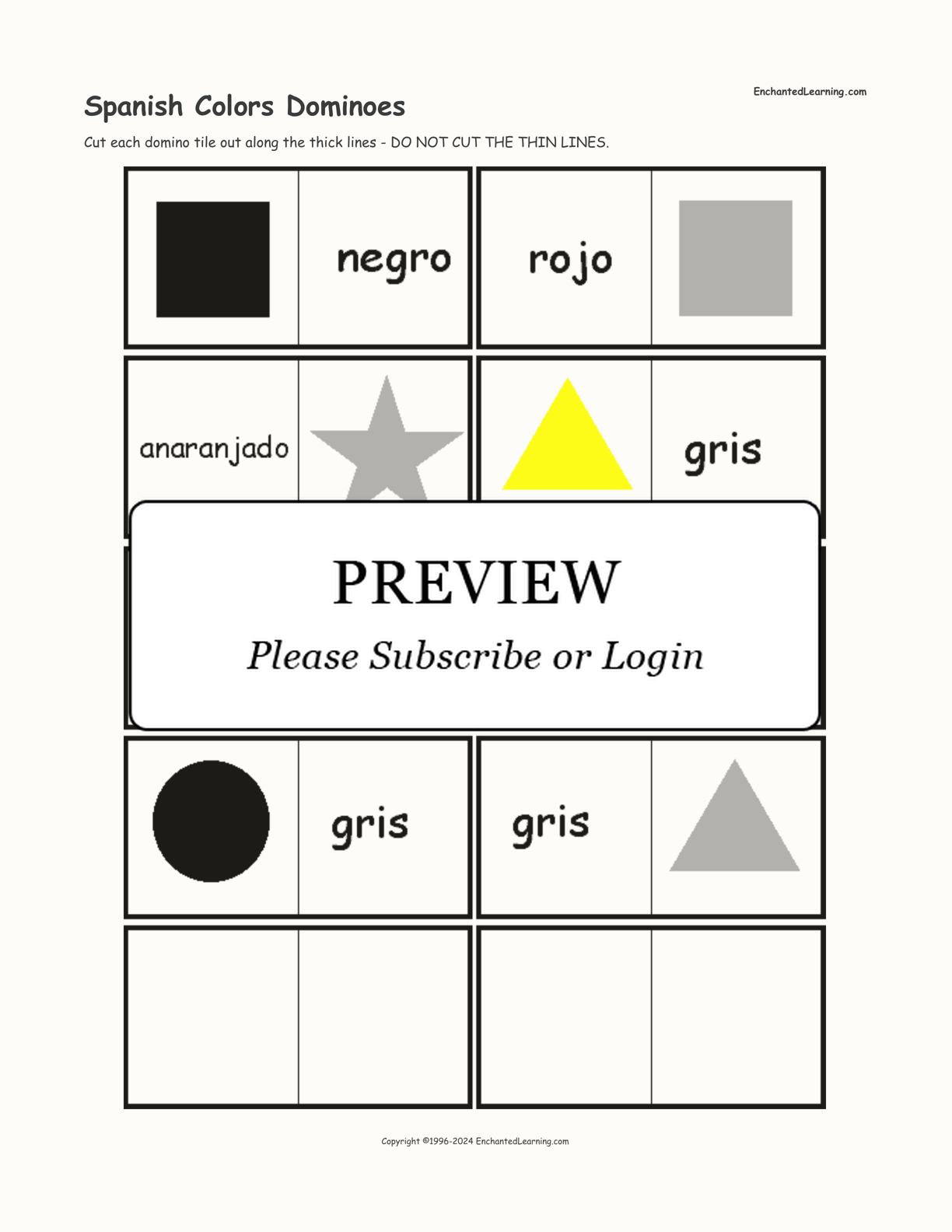 Spanish Colors Dominoes interactive printout page 1