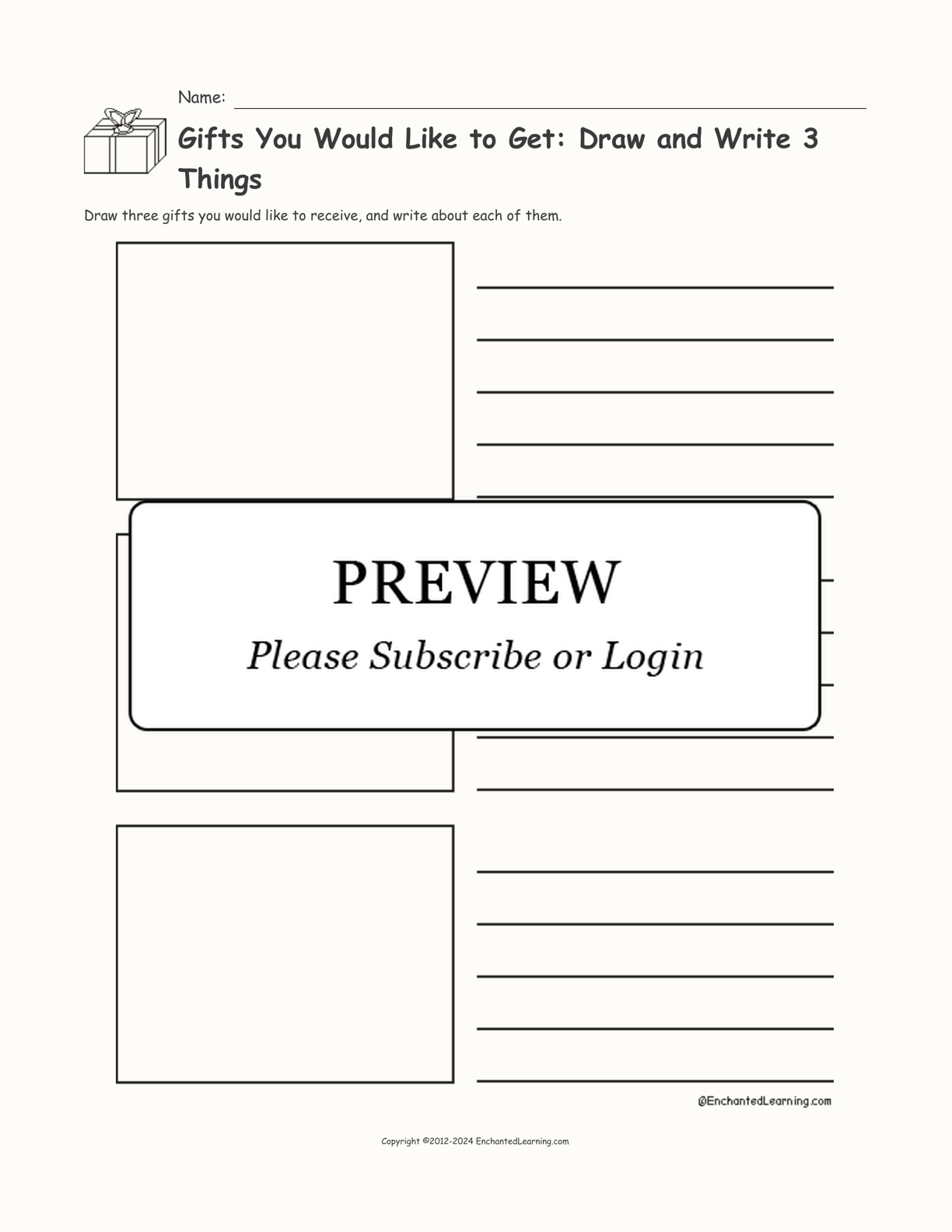 Gifts You Would Like to Get: Draw and Write 3 Things interactive printout page 1