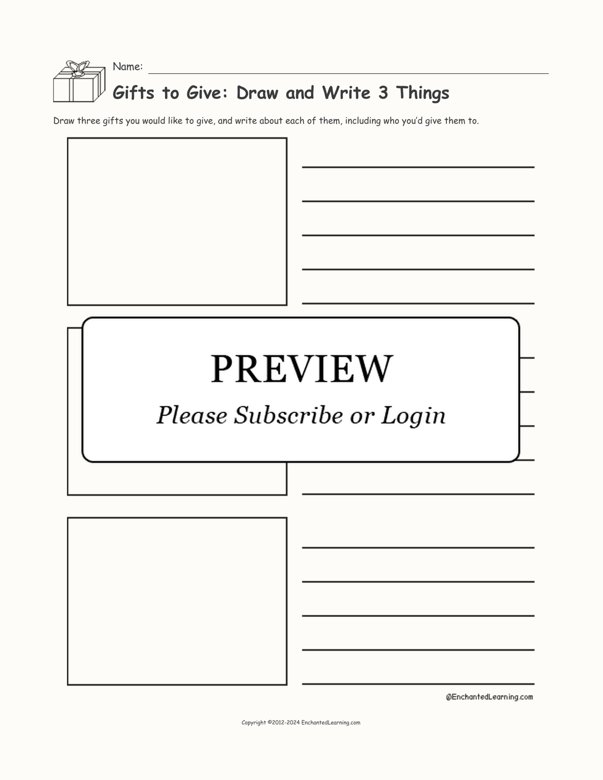 Gifts to Give: Draw and Write 3 Things interactive printout page 1