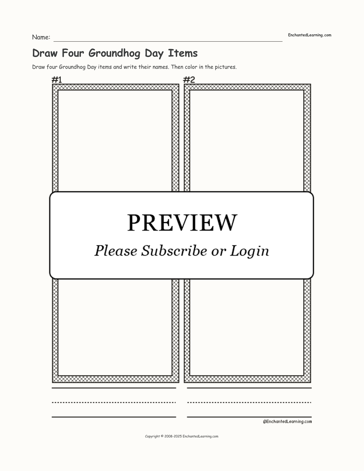 Draw Four Groundhog Day Items interactive printout page 1