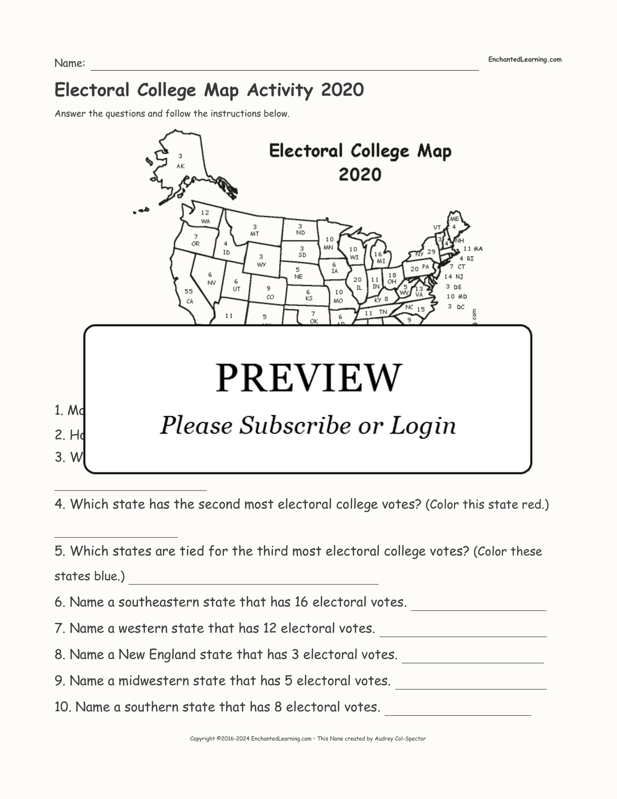 Electoral College Map Activity 21 - Enchanted Learning Regarding The Electoral Process Worksheet Answers