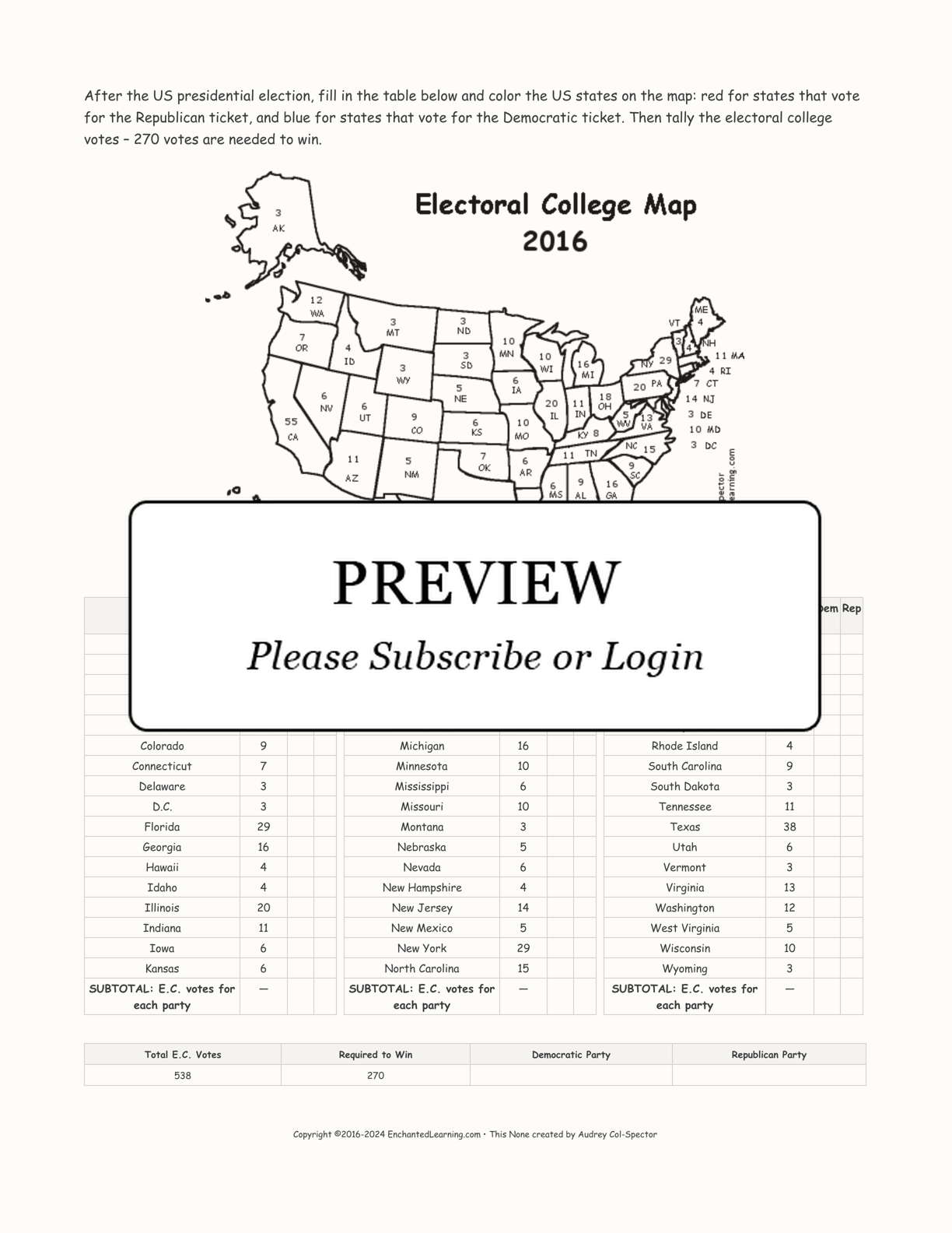 Electoral College Map Coloring Activity 2016 interactive worksheet page 1