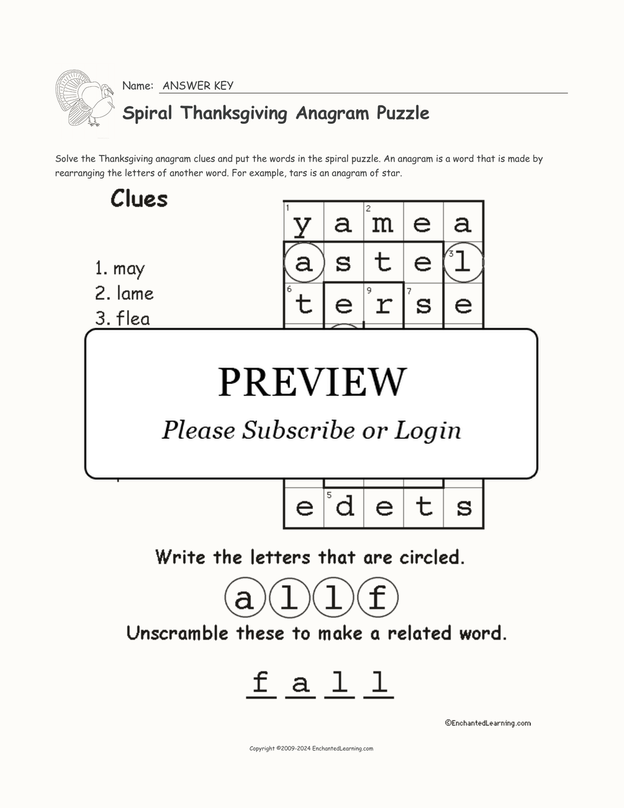 Spiral Thanksgiving Anagram Puzzle interactive worksheet page 2