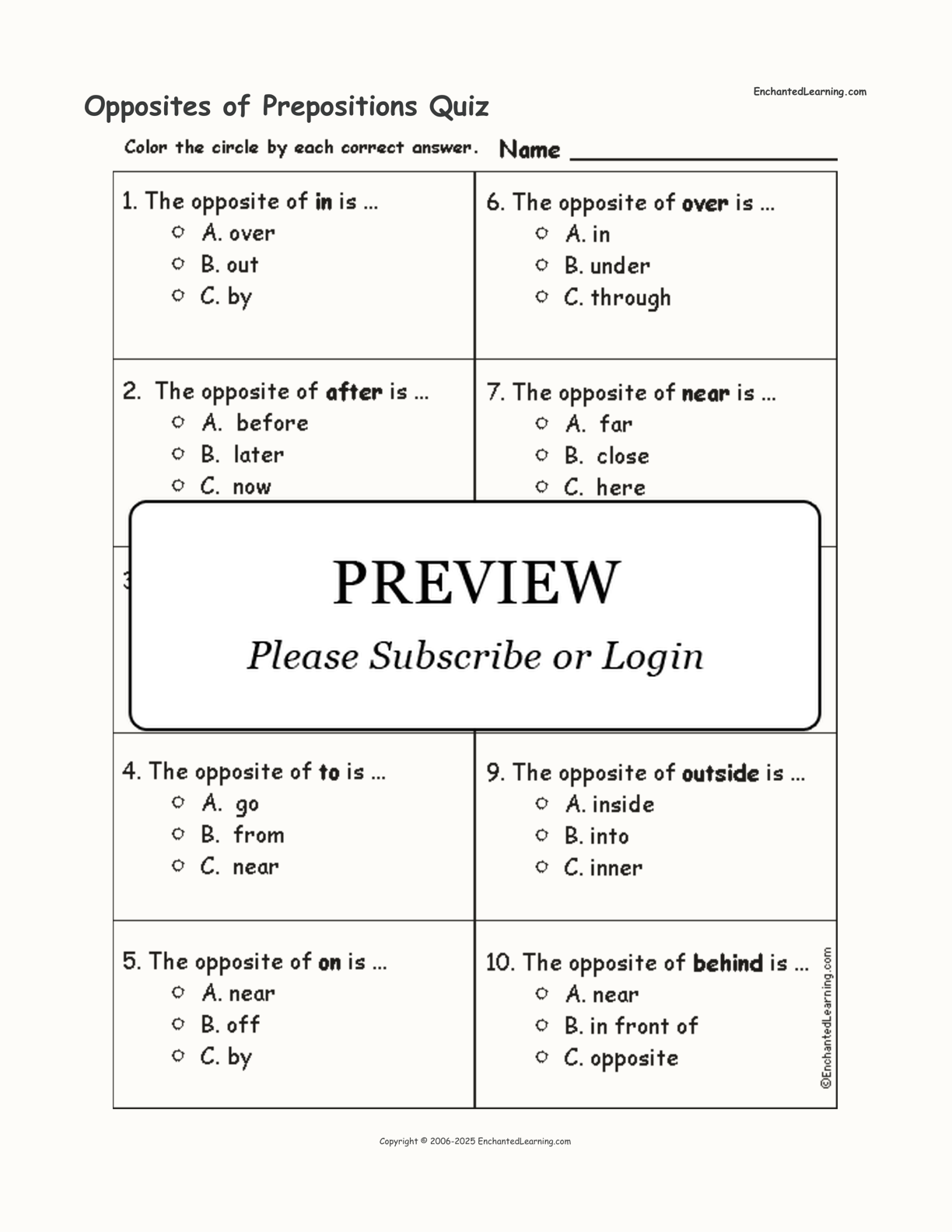 Opposites of Prepositions Quiz interactive worksheet page 1