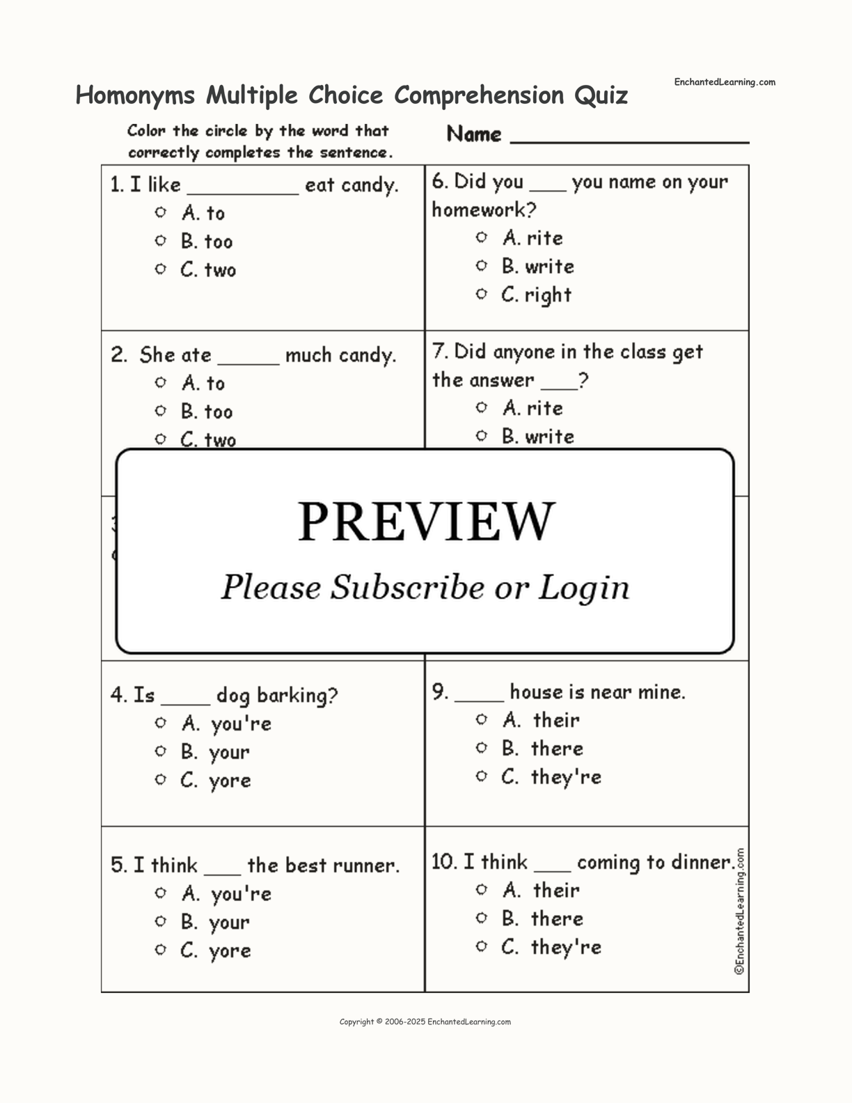 Homonyms Multiple Choice Comprehension Quiz interactive worksheet page 1