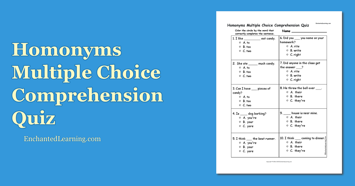 Homonyms Multiple Choice Comprehension Quiz Enchanted Learning Homonyms Multiple Choice Comprehension Quiz Enchanted Learning