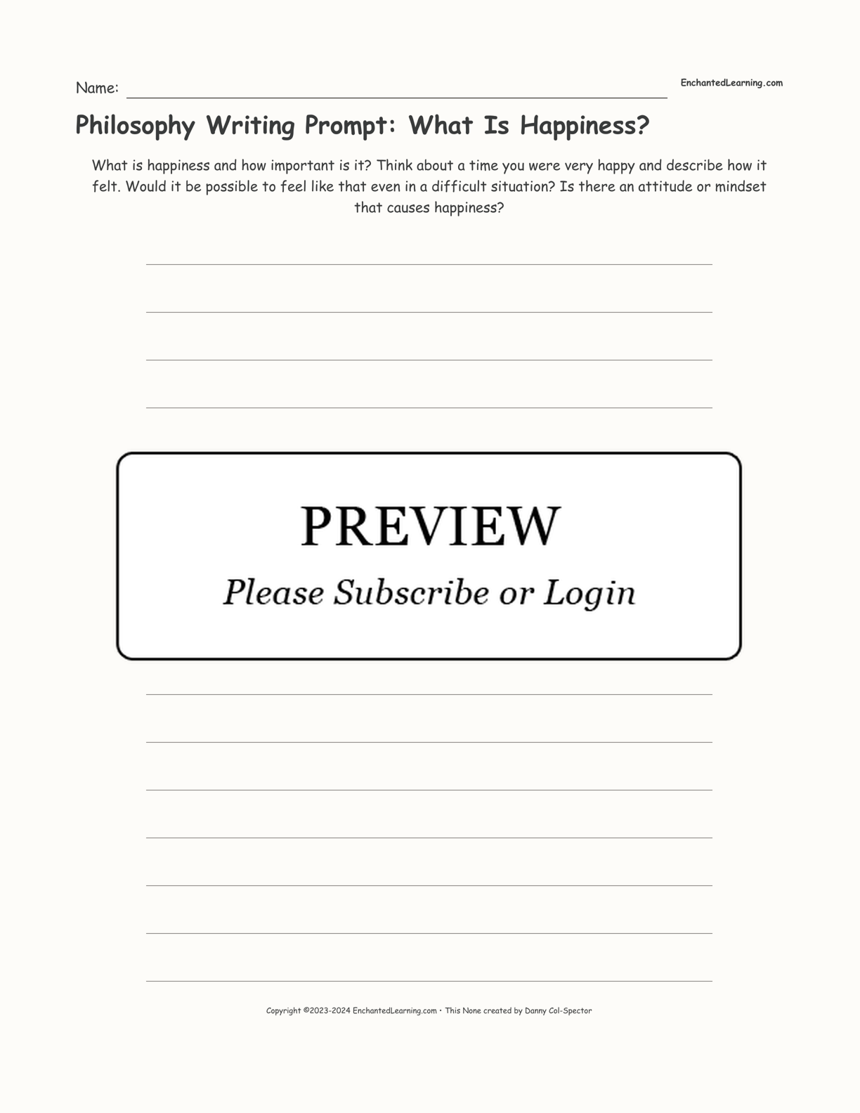 Philosophy Writing Prompt: What Is Happiness? interactive printout page 1