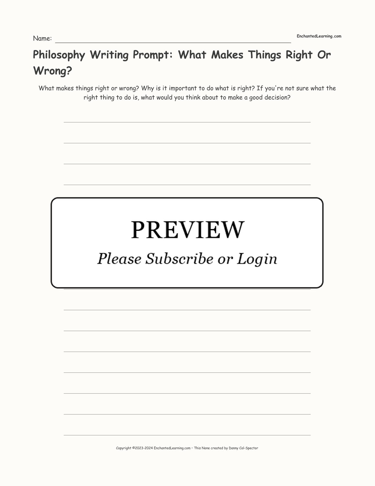 Philosophy Writing Prompt: What Makes Things Right Or Wrong? interactive printout page 1
