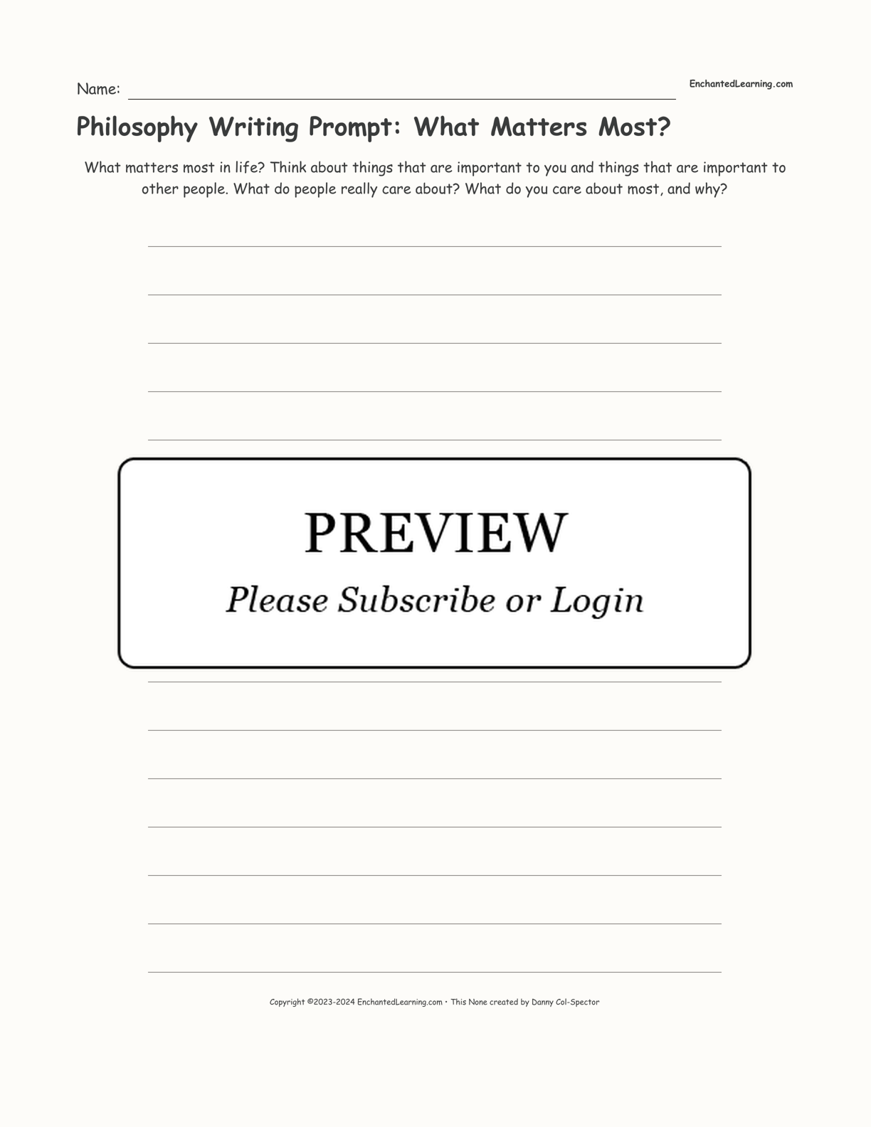 Philosophy Writing Prompt: What Matters Most? interactive printout page 1