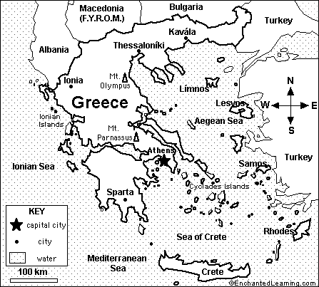 Map of Greece Quiz/Coloring Printout: Answers - EnchantedLearning.com