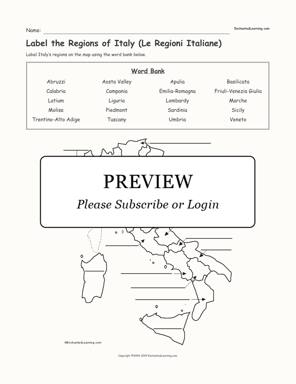 Label the Regions of Italy (Le Regioni Italiane) interactive worksheet page 1