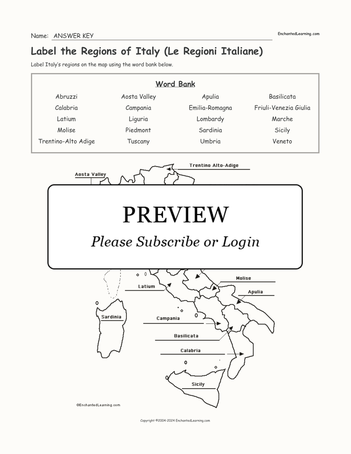 Label the Regions of Italy (Le Regioni Italiane) interactive worksheet page 2