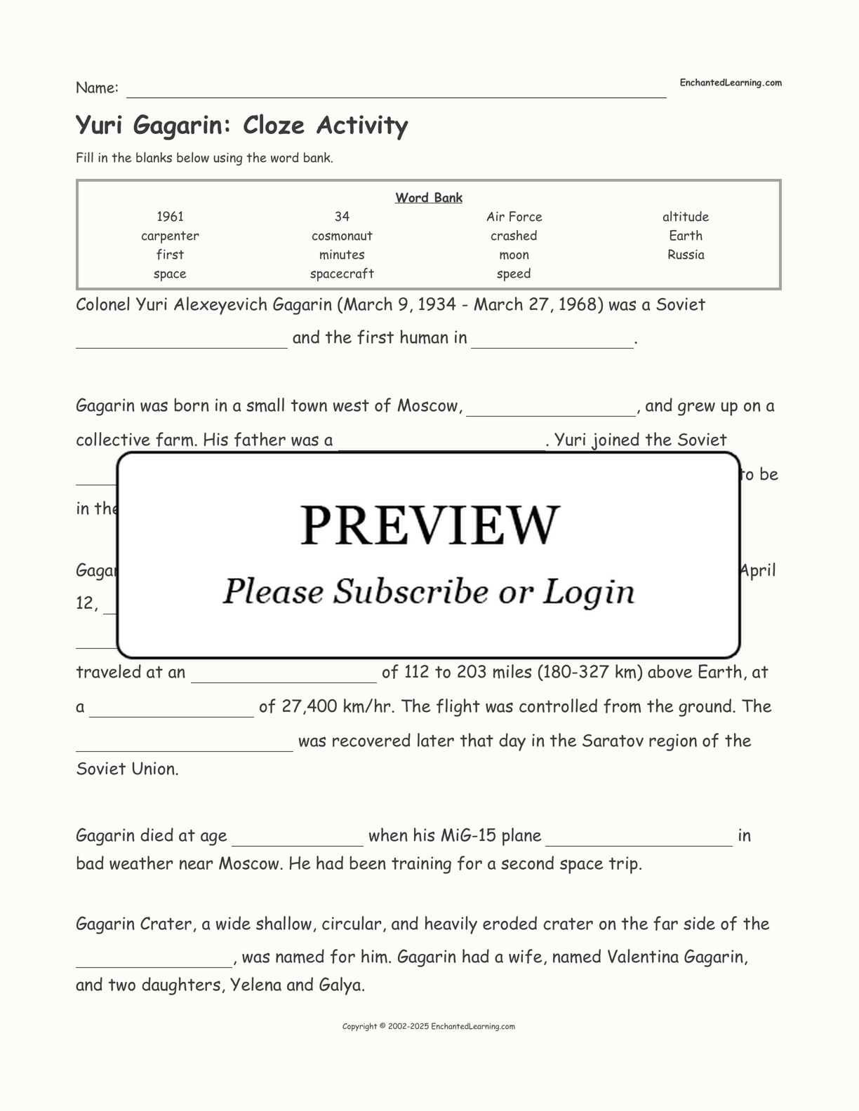 Yuri Gagarin: Cloze Activity interactive worksheet page 1