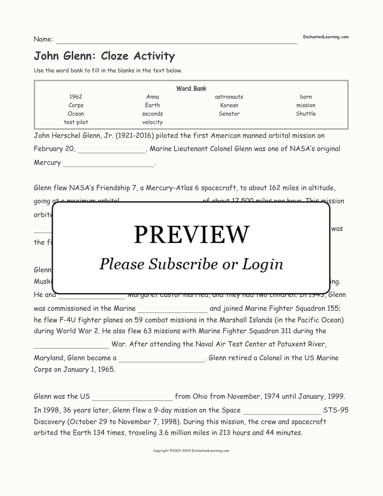 John Glenn: Cloze Activity interactive worksheet page 1