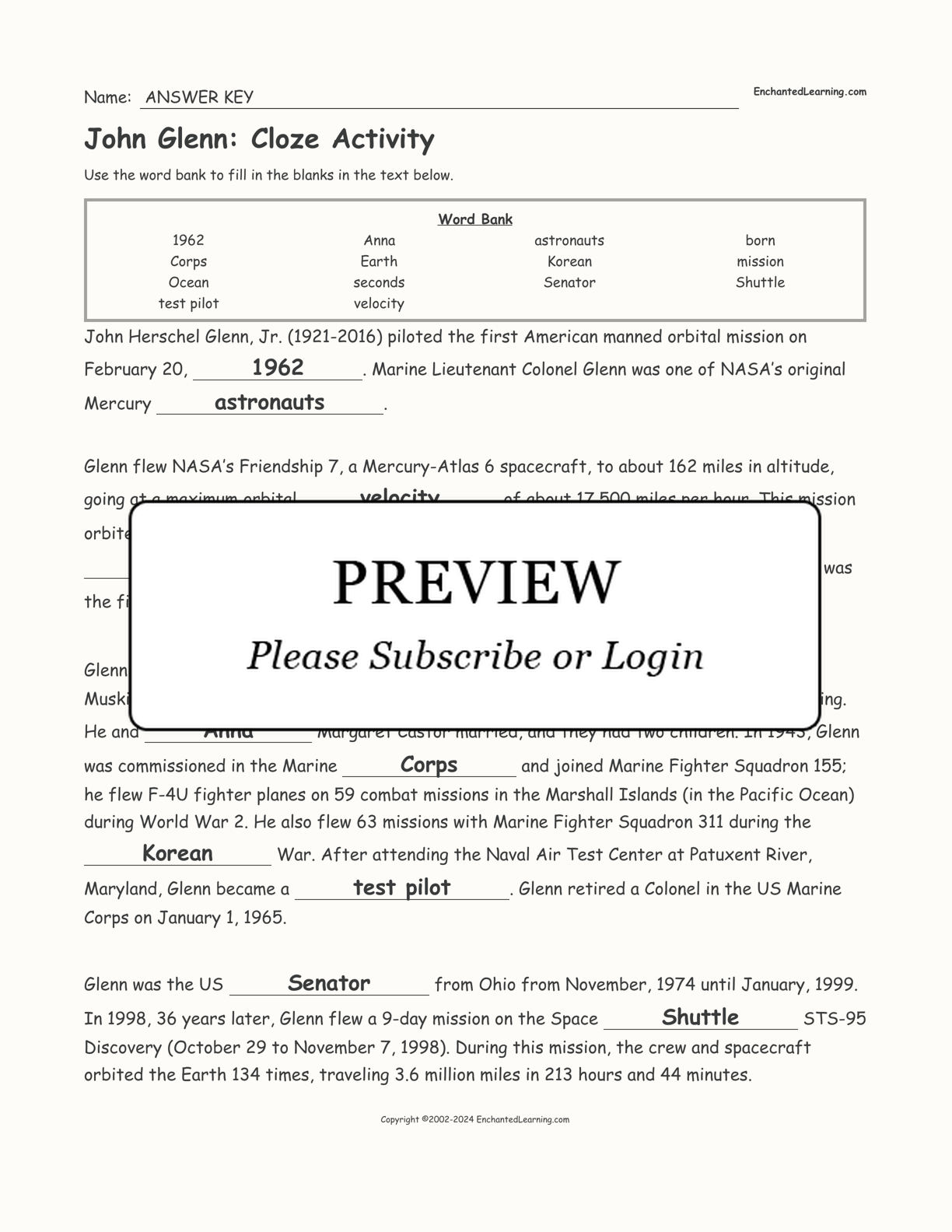 John Glenn: Cloze Activity interactive worksheet page 2